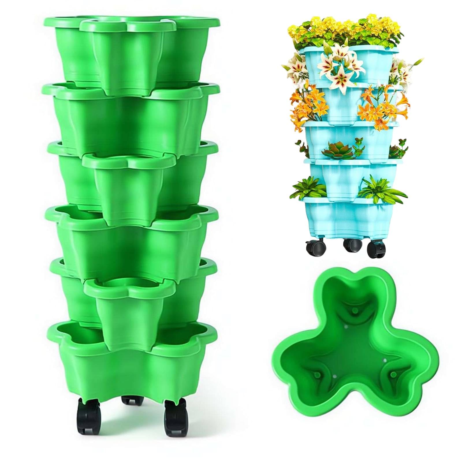6 Tier Strawberry Tower,9.8x23.6'' Vertical Stackable Garden Planters with Wheels, Rolling Strawberry Planter Pots for Indoor Outdoor Patio Balcony, 2026 New Herb Flower Vegetable Grow Tower (Green)