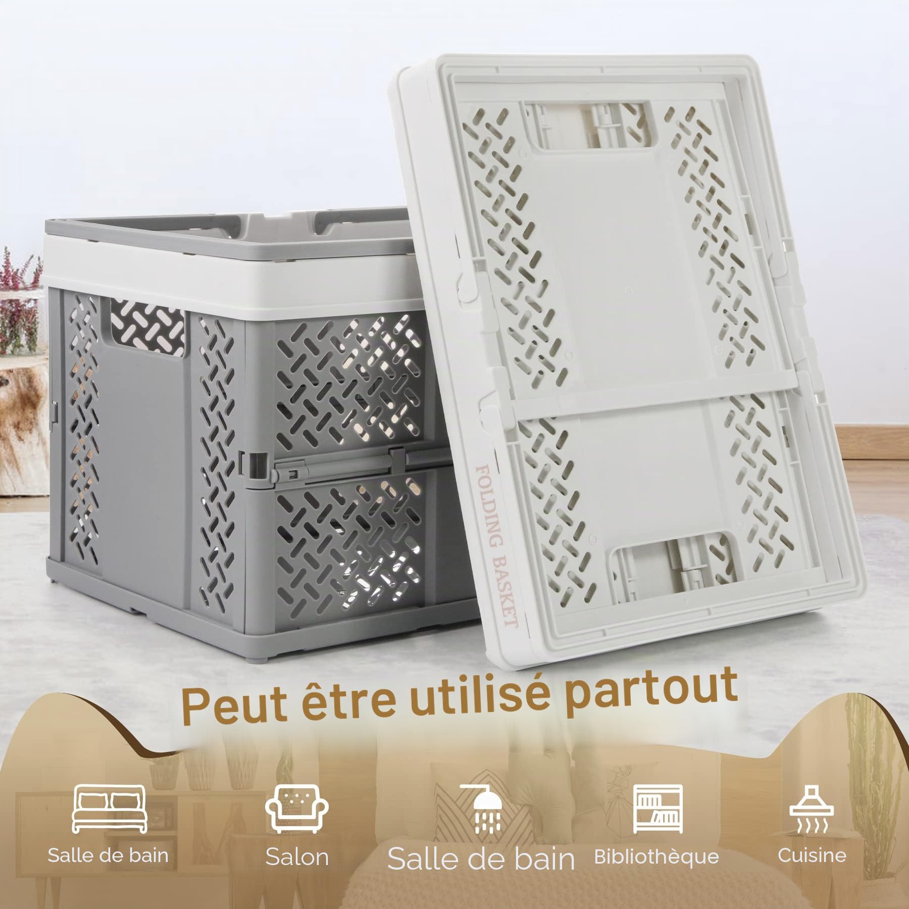 Spesh Lot de 2 Caisse en Plastique Pliable avec Poignée Cagette Rangement Pliant Caisse Pliante Panier Rangement Pliable pour Cuisine, Chambre, Salon(Blanc + Gris Blanc)