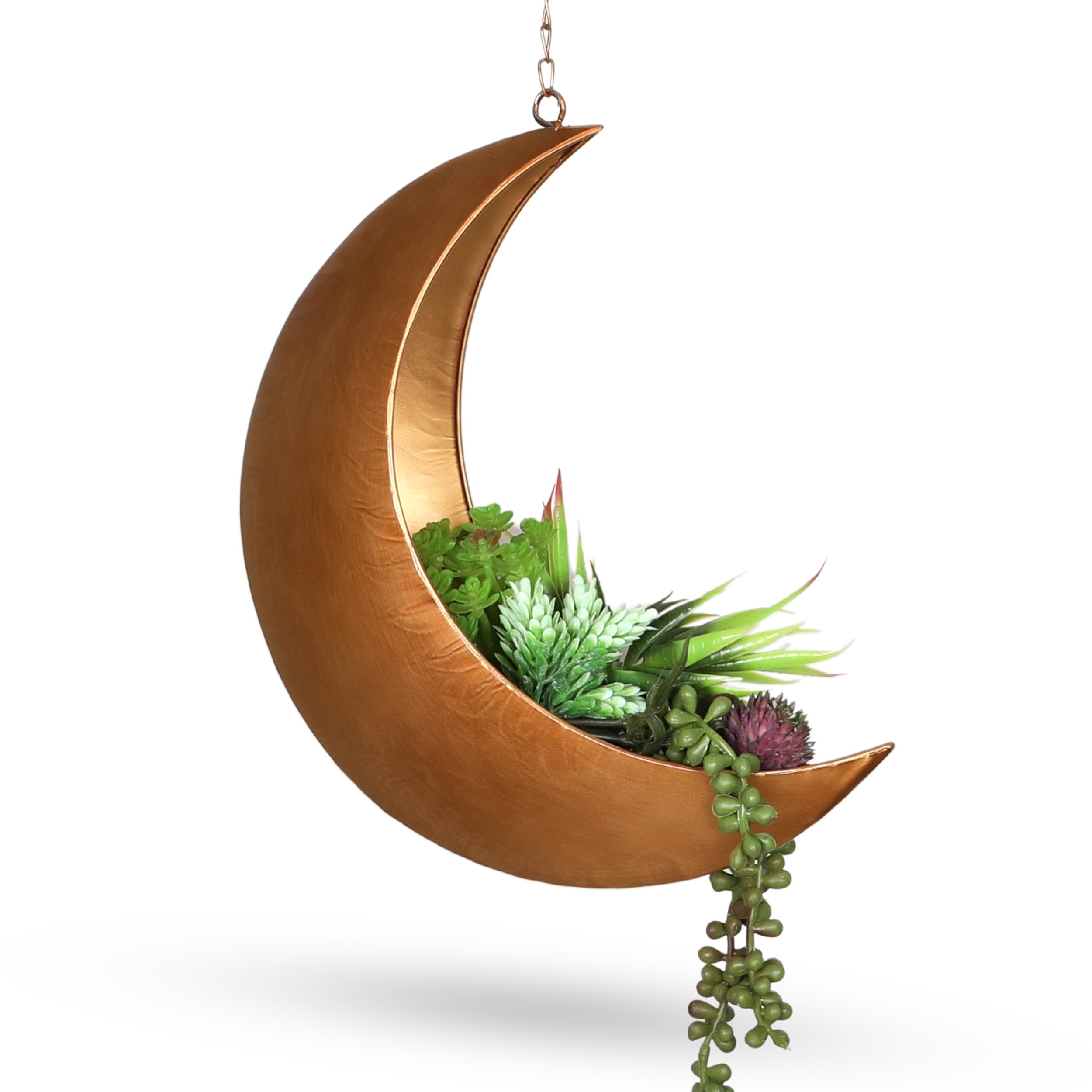 Goldfarbener hängender Mond-Pflanzgefäß – mit Abflusslöchern – Mond Raumdekoration – einzigartige Pflanzgefäße für Sukkulenten, Luftpflanzen, Kakteen, künstliche Pflanzen, Pflanzenliebhaber-Geschenke