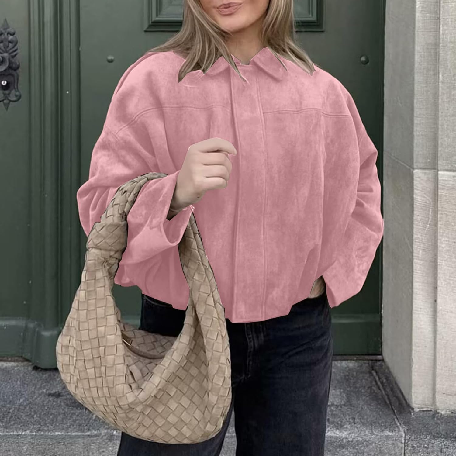 WOWULOVELY Women's Faux Suede Bomber Jacket Lapel Pilot Pocket Coat Casual Oversized Long Dolman Sleeves Trendy Streetwear - Image 3