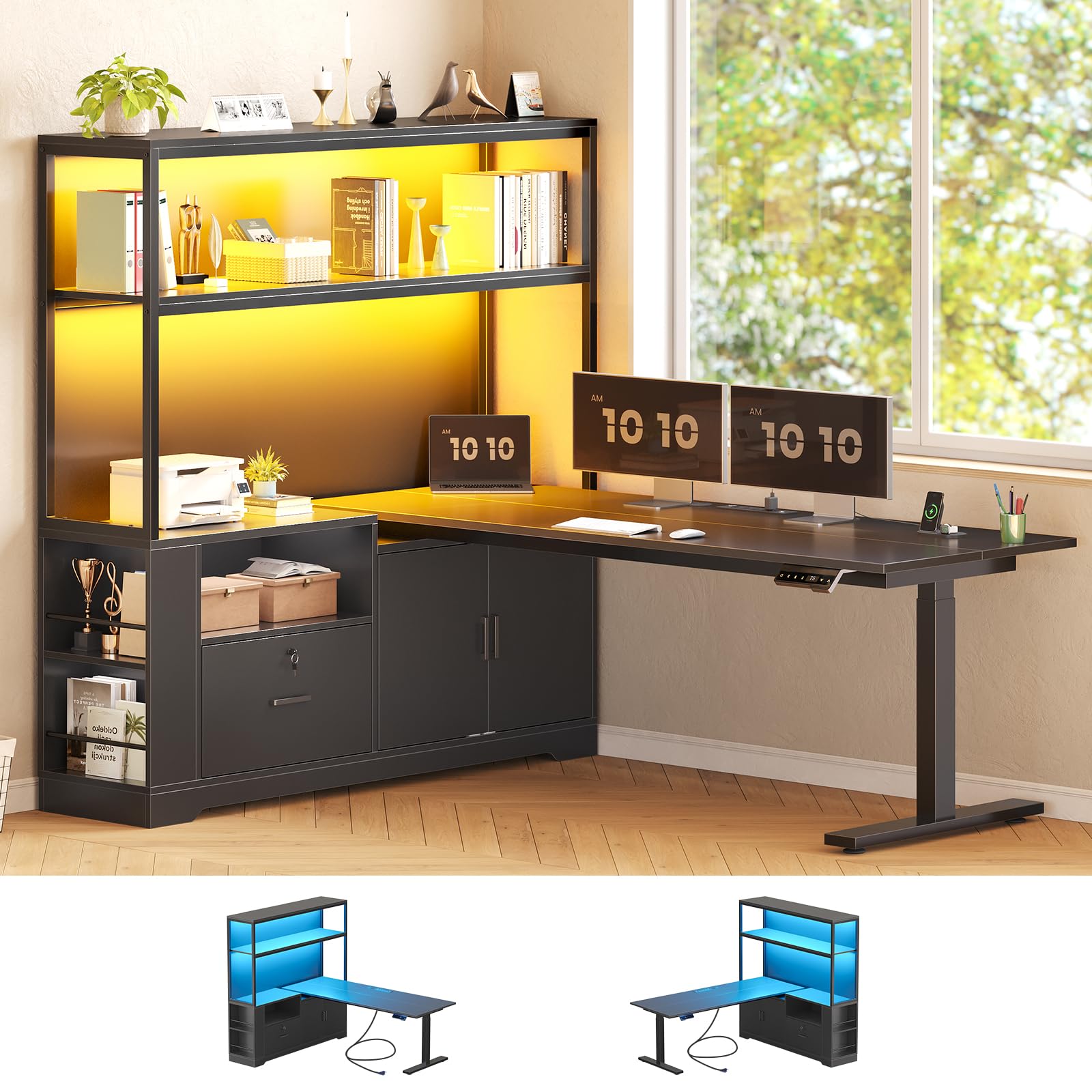 56.7" L Shaped Standing Desk, Reversible Computer Office Desk with Drawers & Hutch, Stand Up Corner Gaming Desks with LED Lights & Power Outlets for Home Office, Black