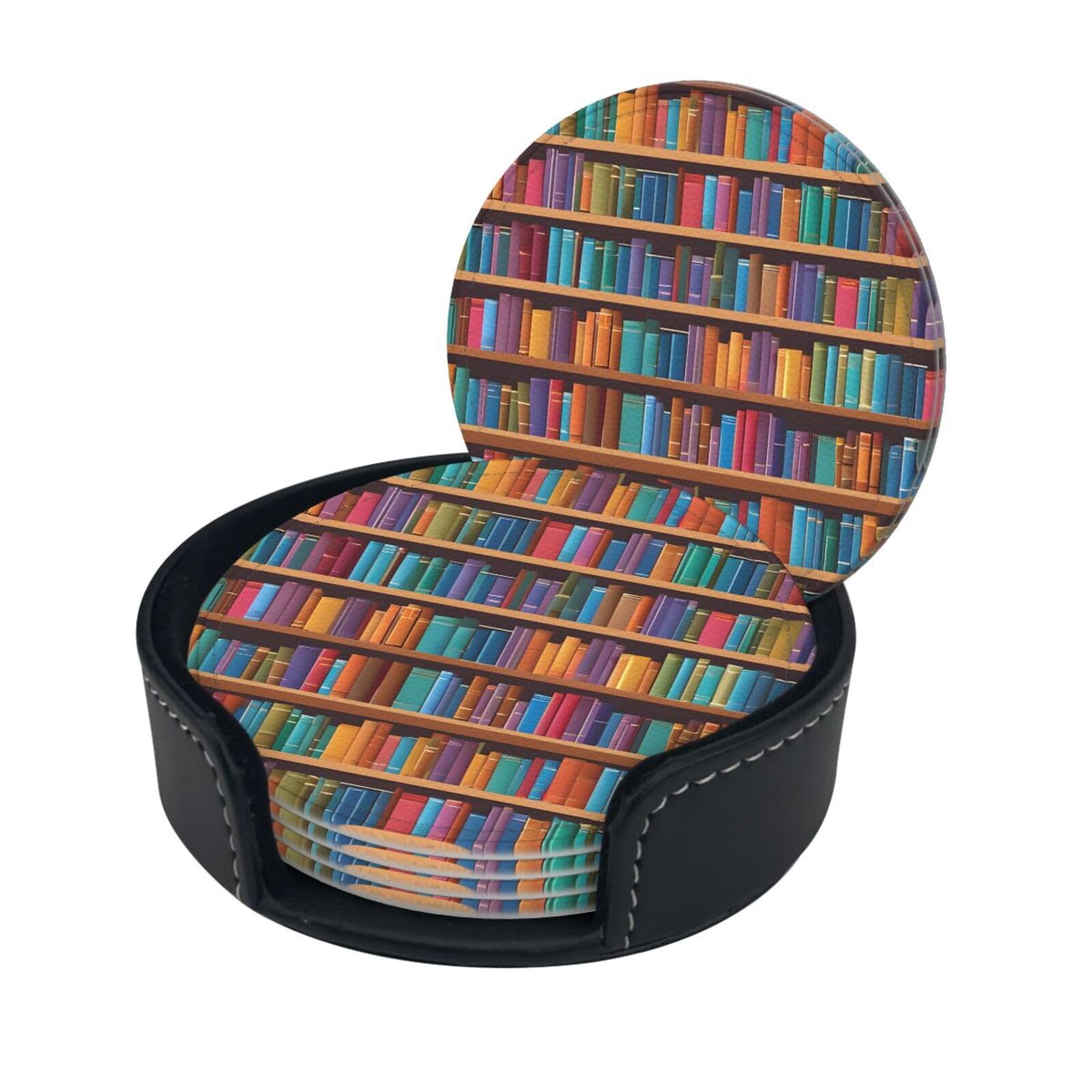 Library Bookshelf Print Coaster,Round Leather Coasters with Storage Box for Wine Mugs,Cold Drinks and Cups Tabletop Protection (6 Piece)