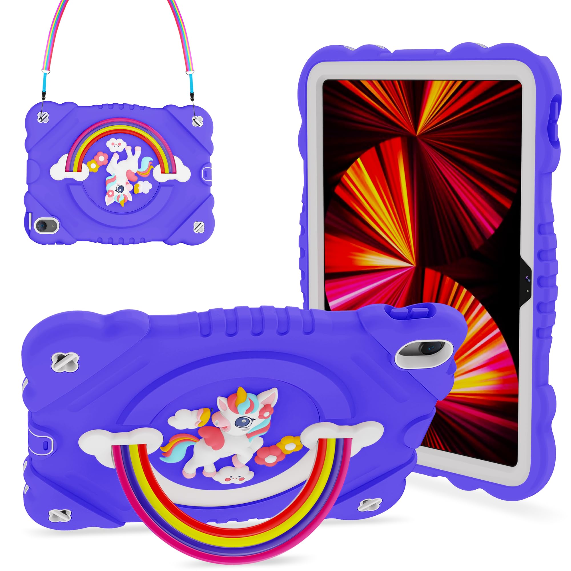 XZC Schutzhülle für iPad (A16) 11. Generation 11 Zoll 2025/iPad 10. Generation 10,9 Zoll 2022, Einhorn, robuste stoßfeste Schutzhülle mit integriertem Ständer/Gurt (Violett)