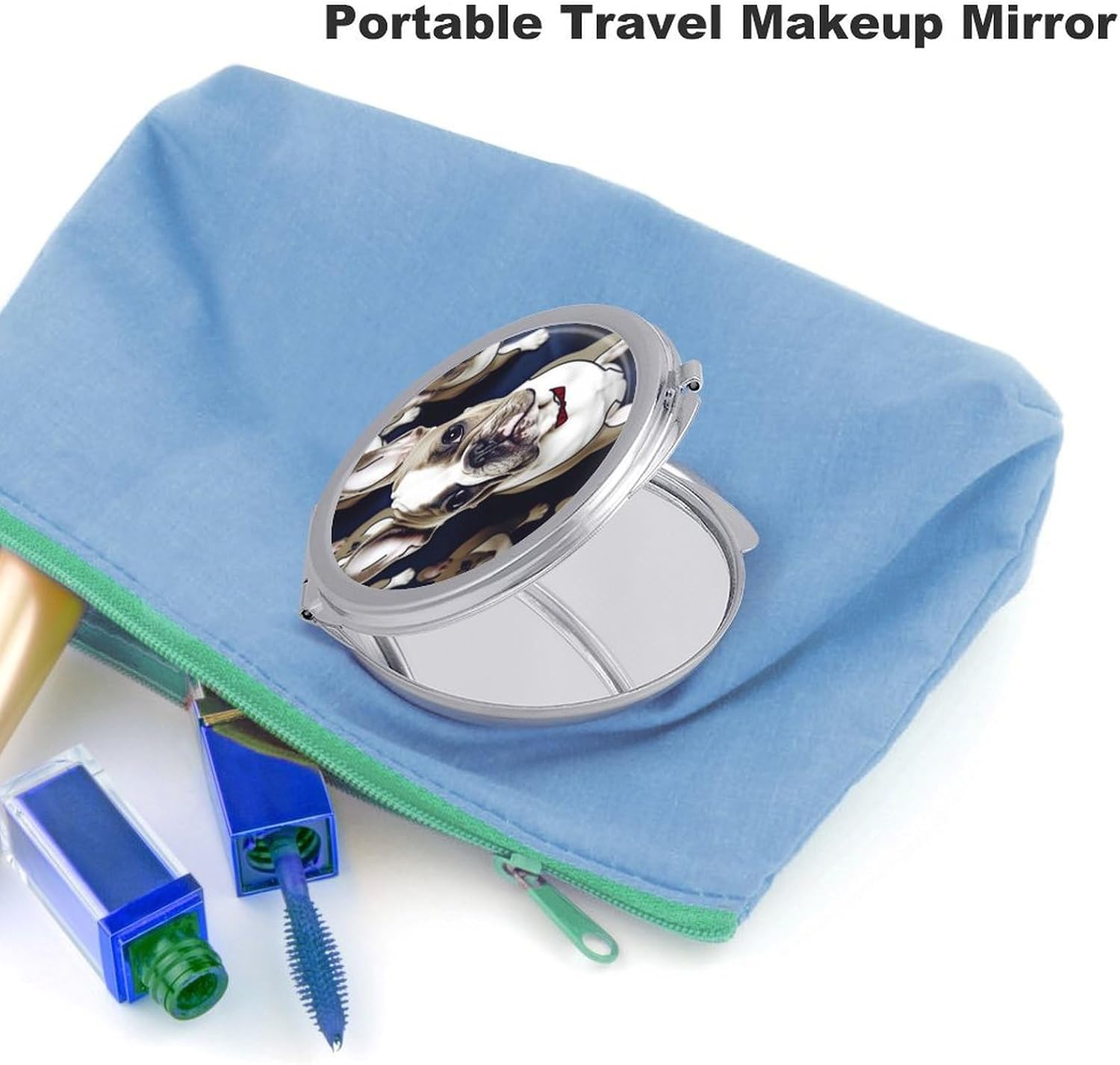 Travel Cute French Bulldog Makeup Mirror Compact Pocket Vanity Mirror Double-Sided 2X /1x Magnifying Round Folding Handheld Cosmetic Beauty Mirrors for Purse Handbag image 3