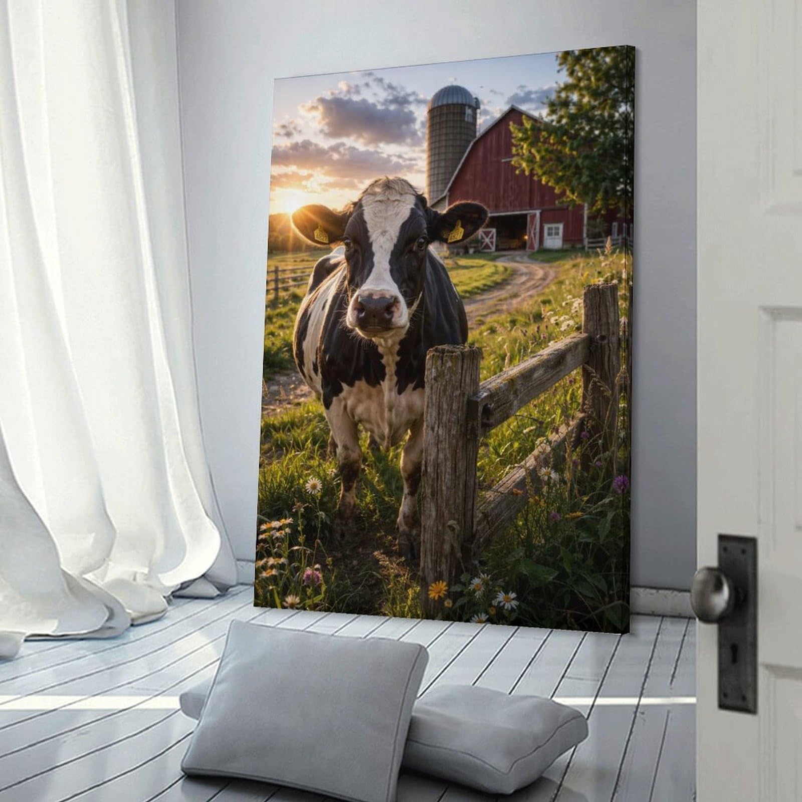 Junmoney Frame-Style-10 Decorative Wall Artwork Cow In A Field At Sunset, 24X36inch(60X90cm), For Contemporary Homes, Apartments Or Offices, An Easy Choice For New Home Styling