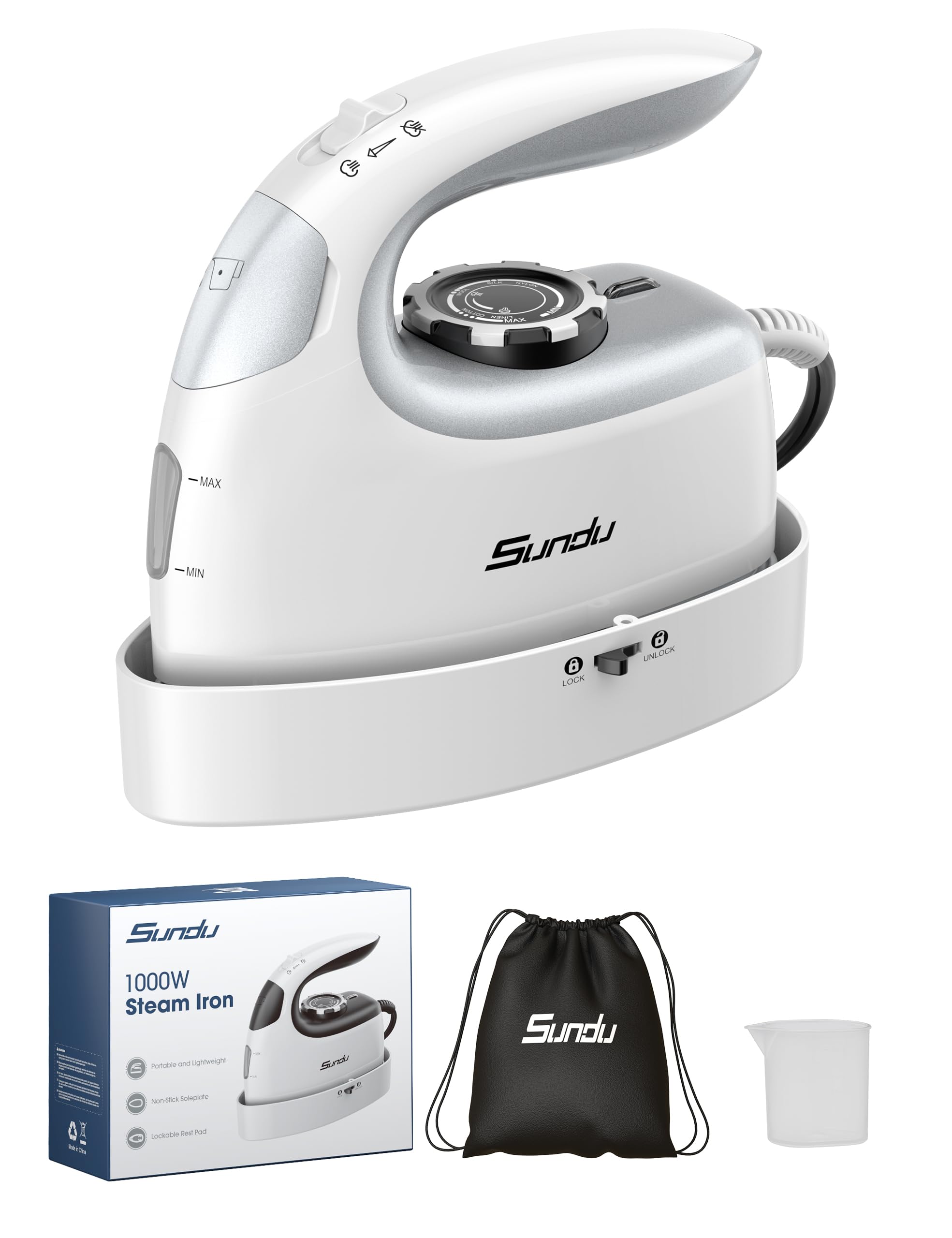 Sundu Mini Travel Steam Iron, 1000W Portable Small Iron with Non-Stick Plate, 300 Steam Holes, 90ml Tank, Safety Base &amp; Digital Temp Control for Quilting Sewing-Silver