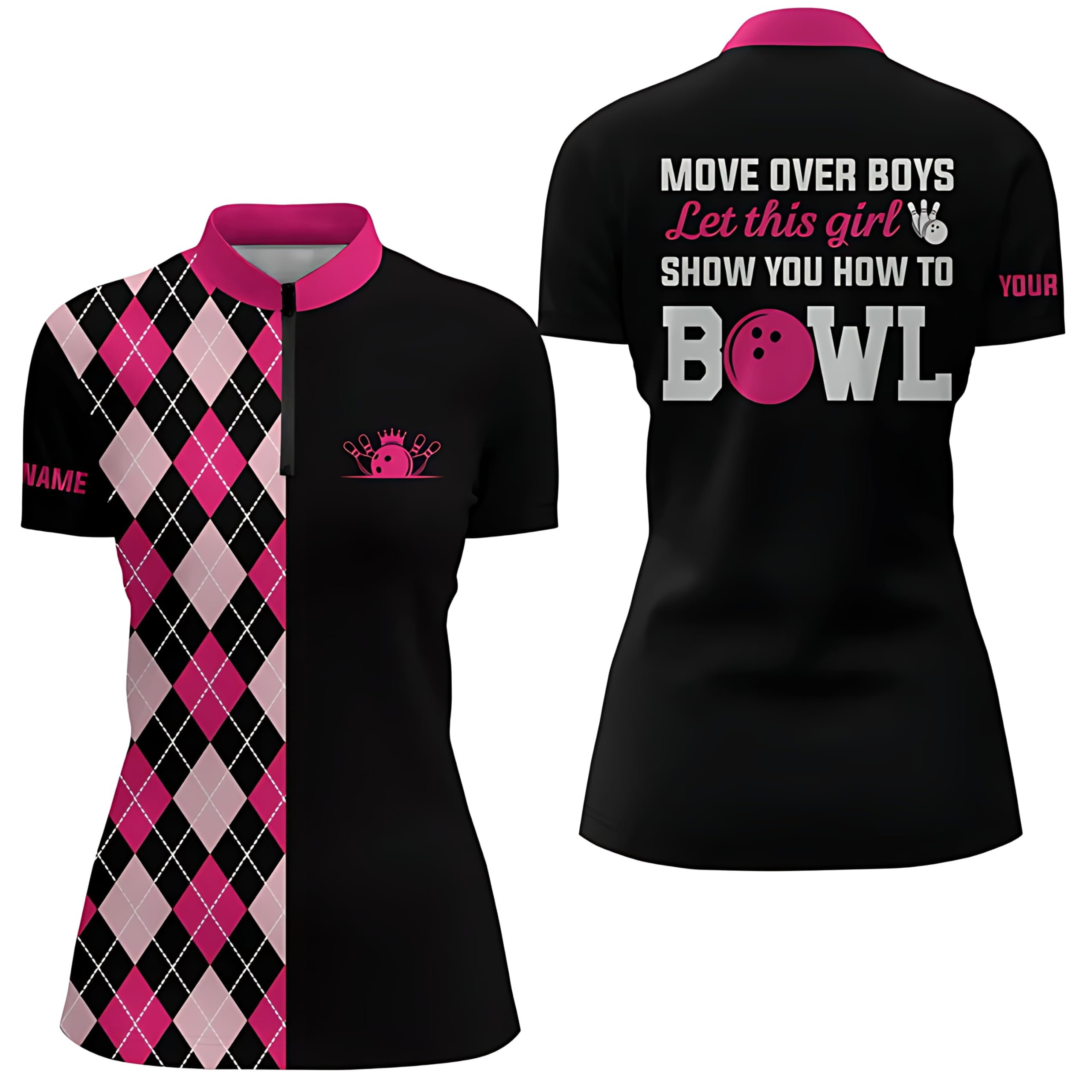 Personalized Bowling Quarter Zip Shirts for Women | Pink | Q4869