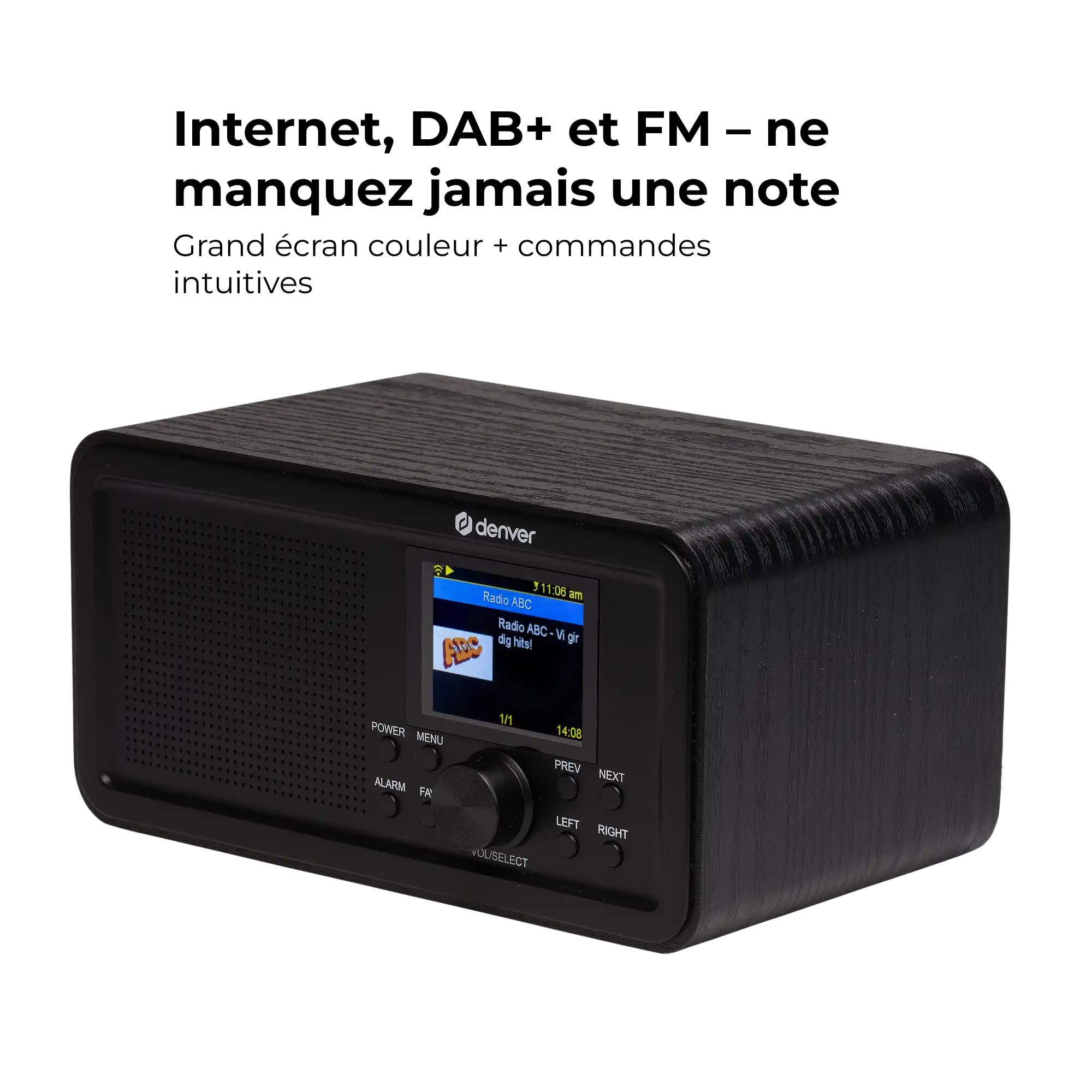 Denver DIR-200 Radio Internet Dab+/FM Wi-FI Bluetooth 5.0, écran 2,4 Pouces, AUX, Piles AA ou USB-C, Noir