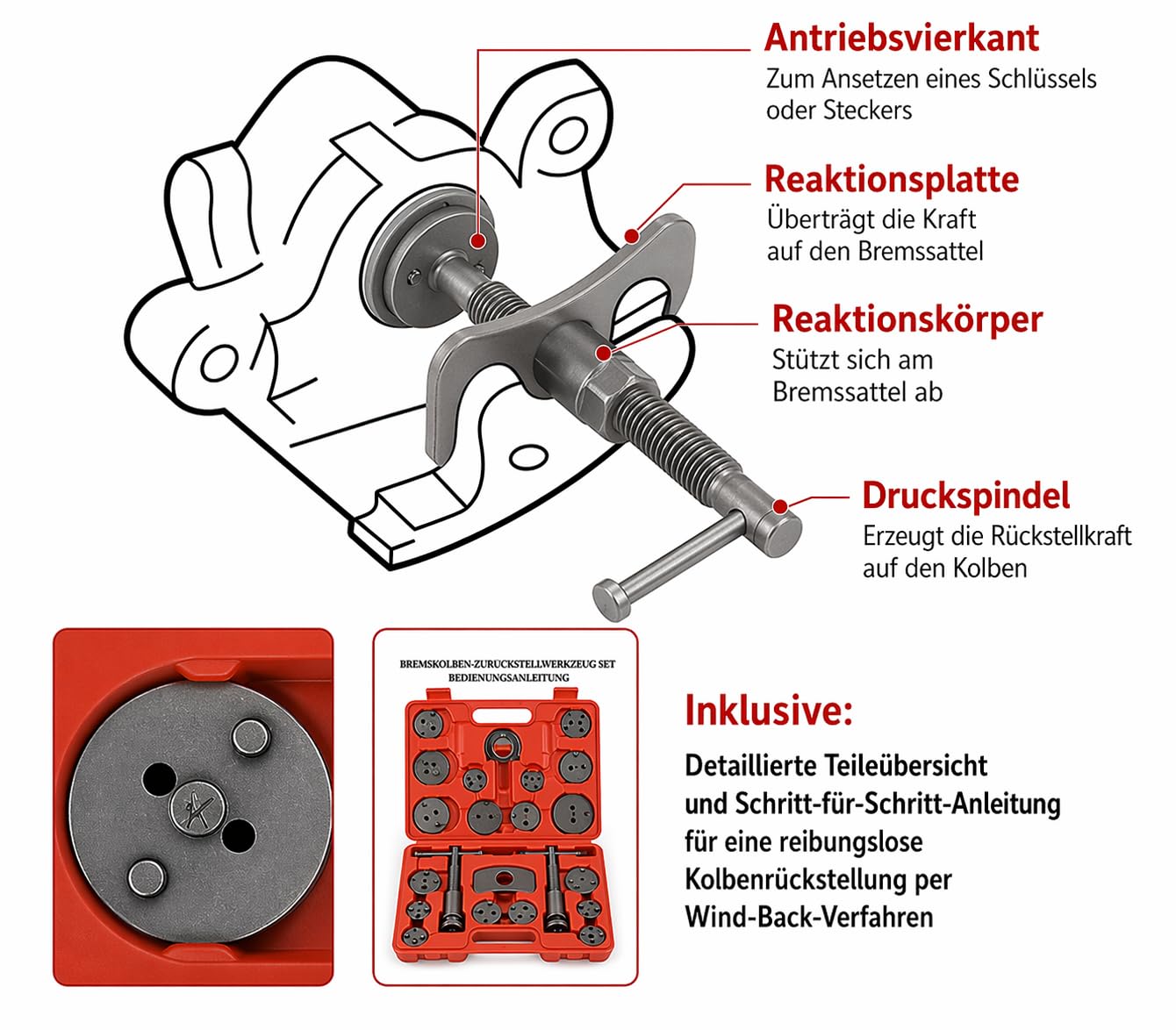 Bremskolbenrücksteller Set 22 TLG – Universal Bremssattel Werkzeug mit Rechts/Links Gewinde – Für PKW, VW, Audi, BMW – Profi Bremskolben Rücksteller inkl. Koffer