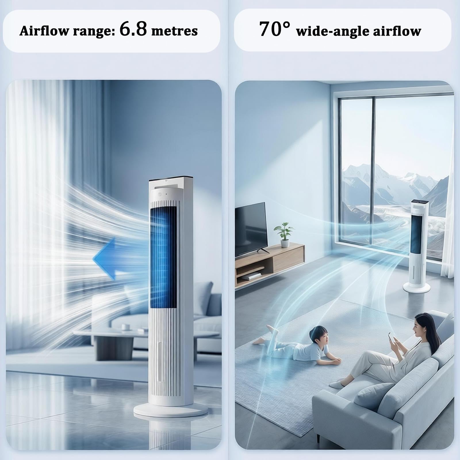 Ventilador de torre sin aspas 4 en 1, con oscilación y 3 velocidades | oscilación automática de 70°, humidificador y generador de iones negativos integrados, mando a distancia táctil