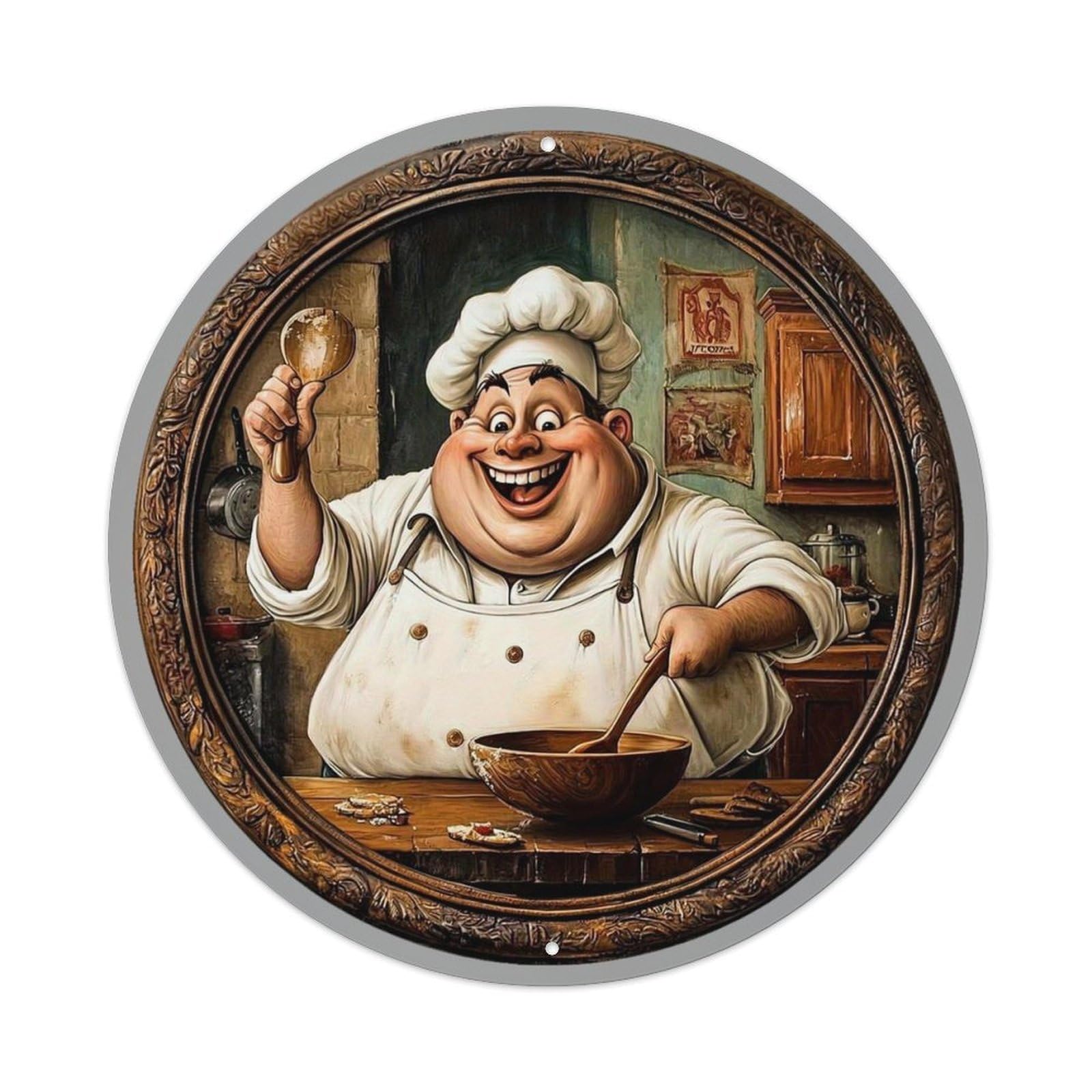 Chef Holding Spoon Retro Metal Sign Round Tin Sign, Vintage Decor Art Poster for Bar, Home, Man Cave, Kitchen, Laundry Room Gift 8x8Inch