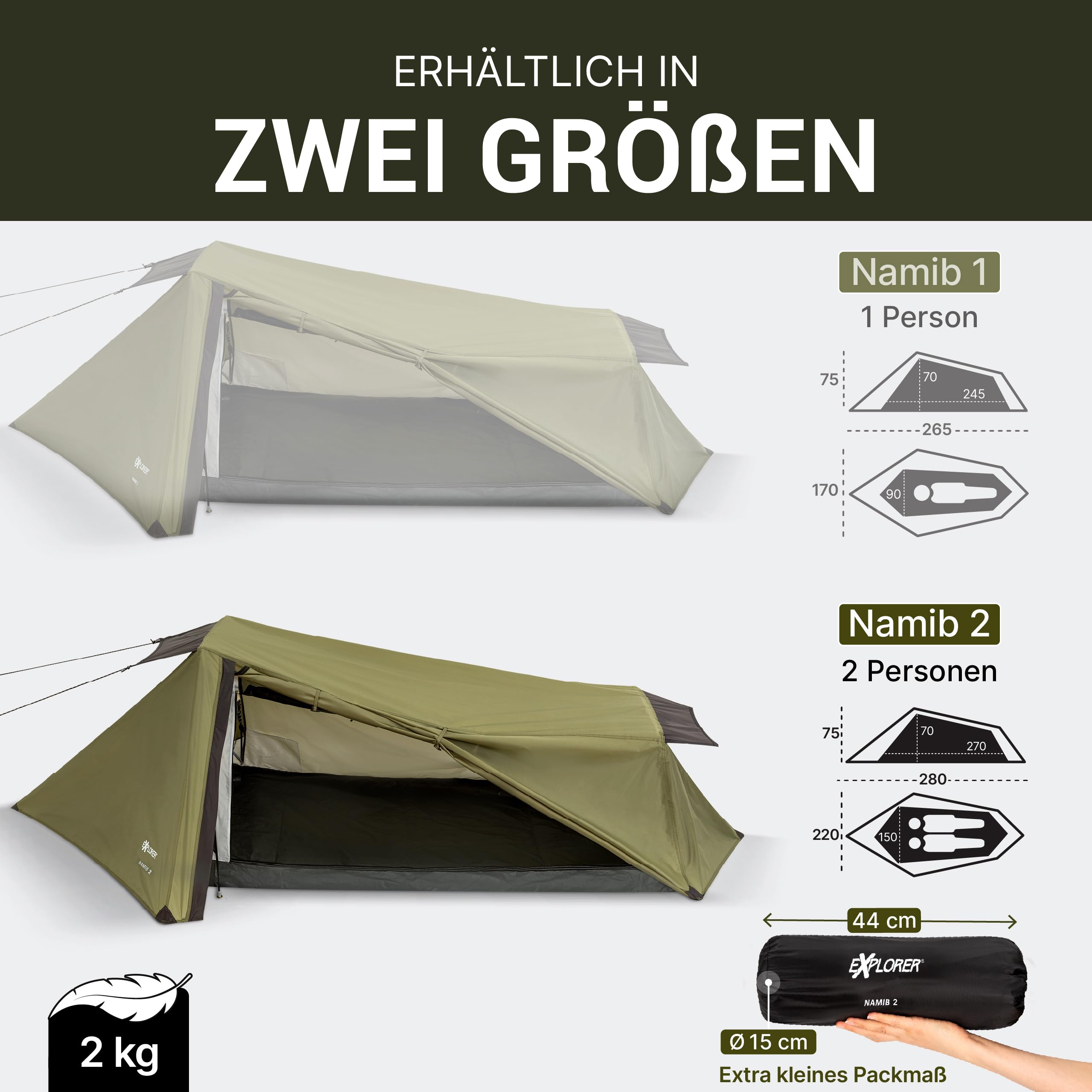 EXPLORER Namib 1 & 2 Personen Zelt kleines Packmaß Ultraleicht für Fahrrad oder Motorrad Reise 1-2 Personen 3000mm Wassersäule mit separatem Innenzelt Wandern Trekking Camping
