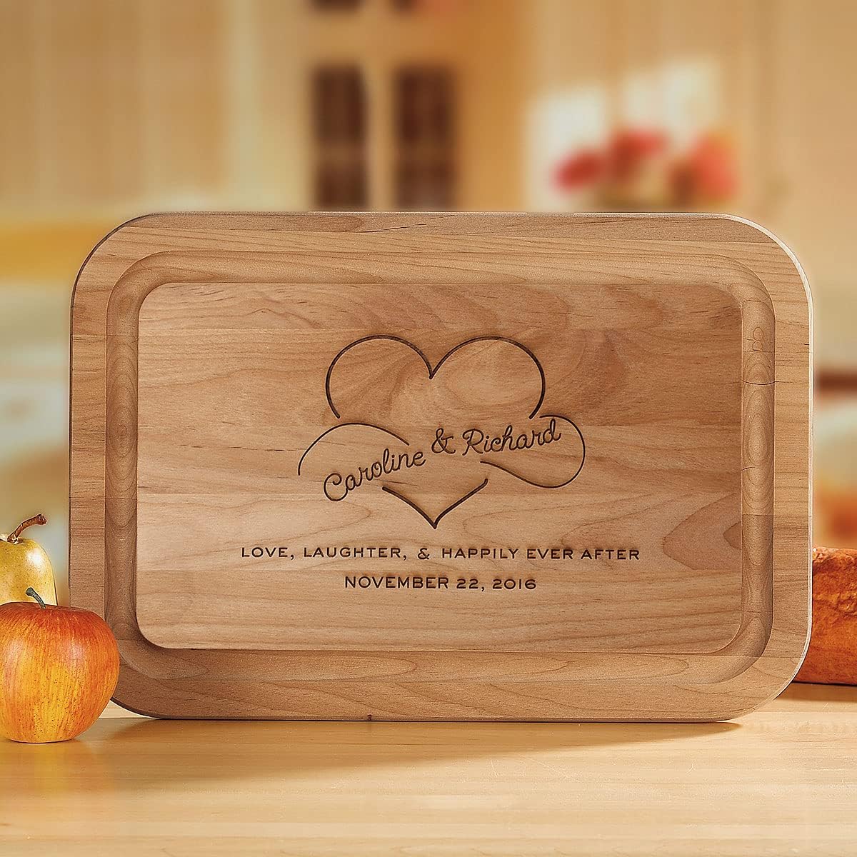 Happily Ever After Personalized Red Alder Wood Cutting Board - Custom Engraved 11 x 16-Inch Wood Chopping and Serving Boards, Wedding and Housewarming Gifts, Add Names and Date, by Lillian Vernon