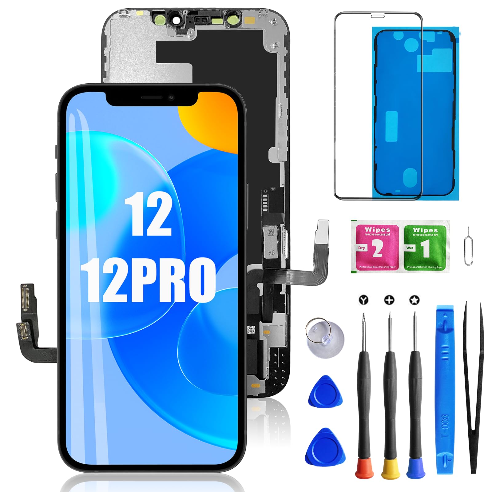 for iPhone 12/12 Pro Screen Replacement 6.1 inch 3D Touch LCD Screen Display Digitizer Assembly with Repair Tools Kits + Waterproof Frame Adhesive Sticker + Screen Tempered Protector