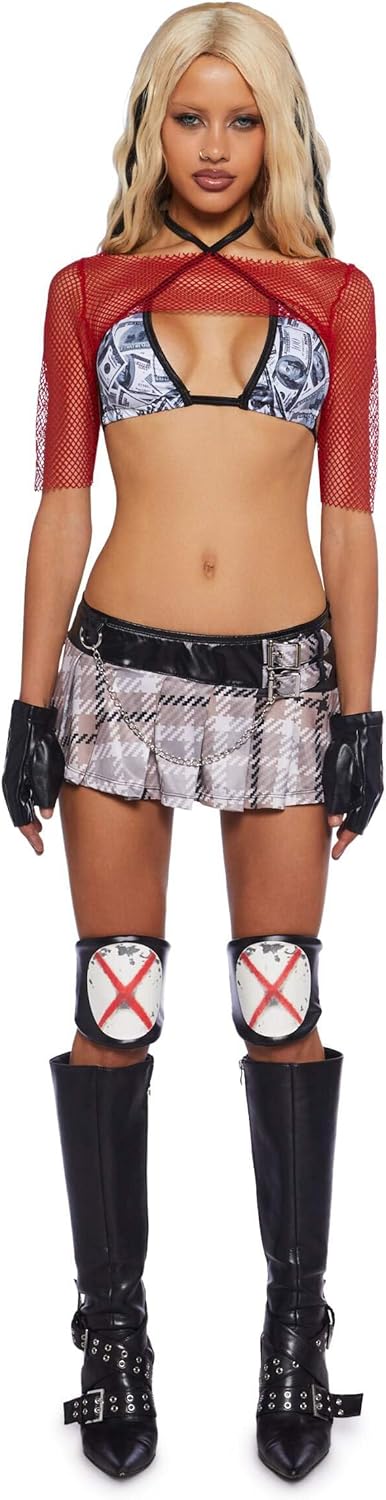 Dolls Kill Wanna Get Dirrty Costume Set by Trickz N’ Treatz – Women’s Dollar Print Top, Skirt, Gloves & Accessories