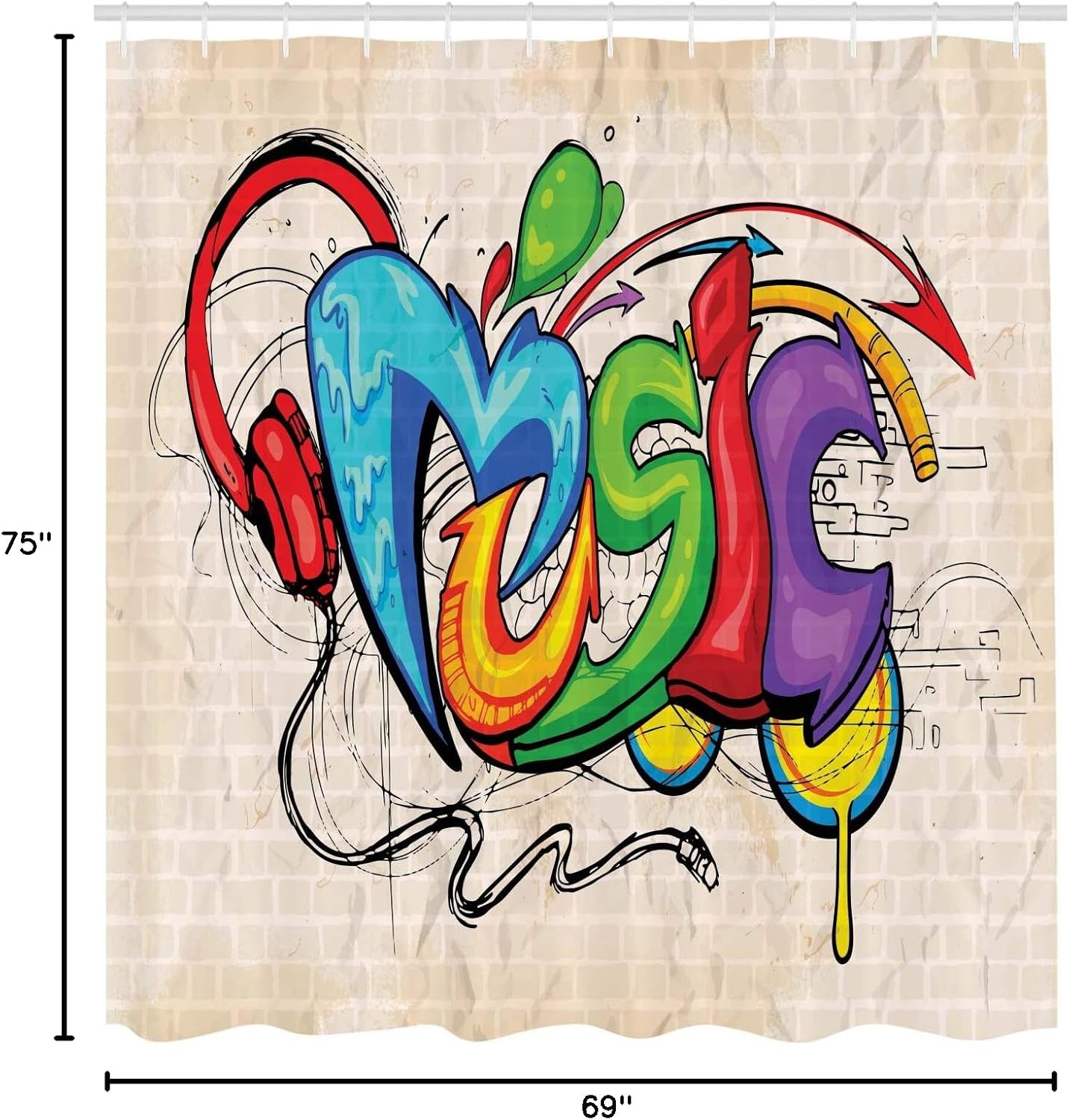Ambesonne Music Shower Curtain, Illustration of Graffiti Style Lettering Headphones Hip Hop Theme on Beige Bricks, Cloth Fabric Bathroom Decor Set with Hooks, 69" W x 75" L, Eggshell Sky Blue Purple