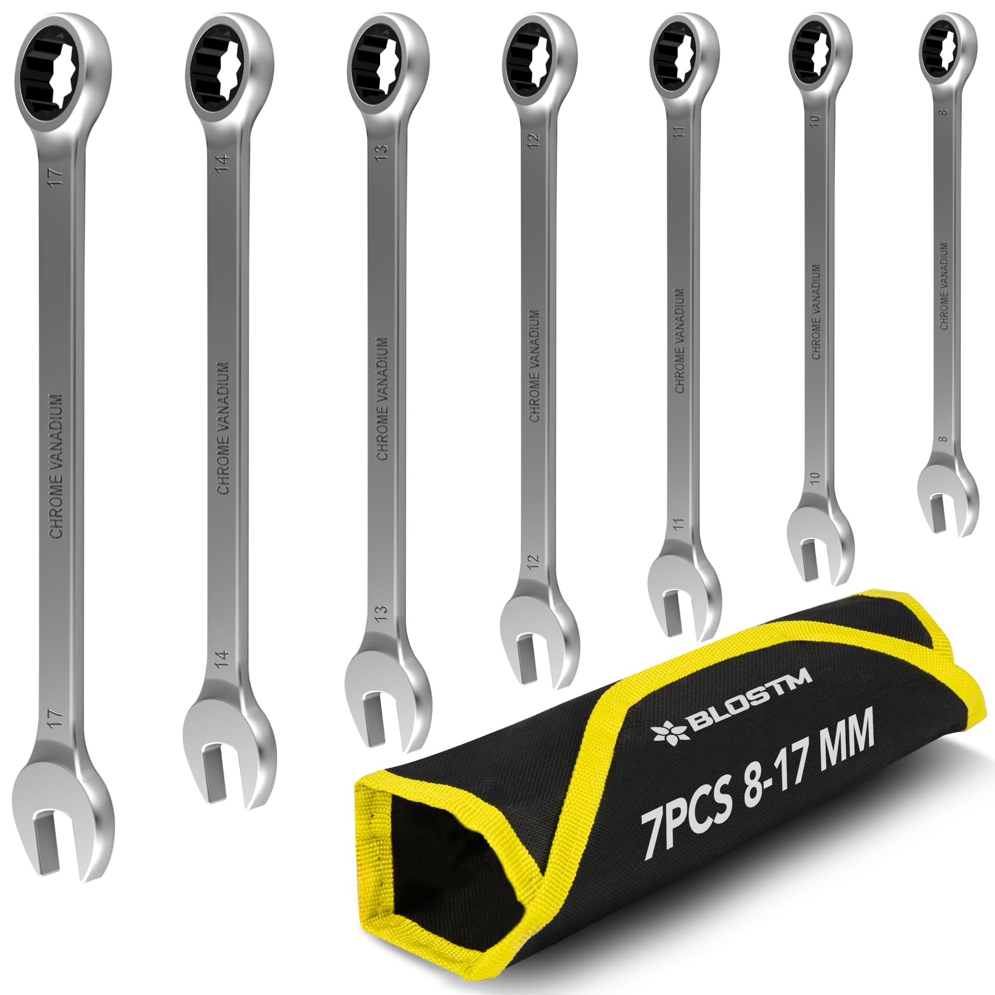 BLOSTM Ratcheting Combination Wrench - 7-Piece Metric Ratchet Spanner Set (8mm to 17mm), Combination Wrench Set for DIY, Car & Bike Repairs - Includes Roll-Up Storage Pouch 7 PCS