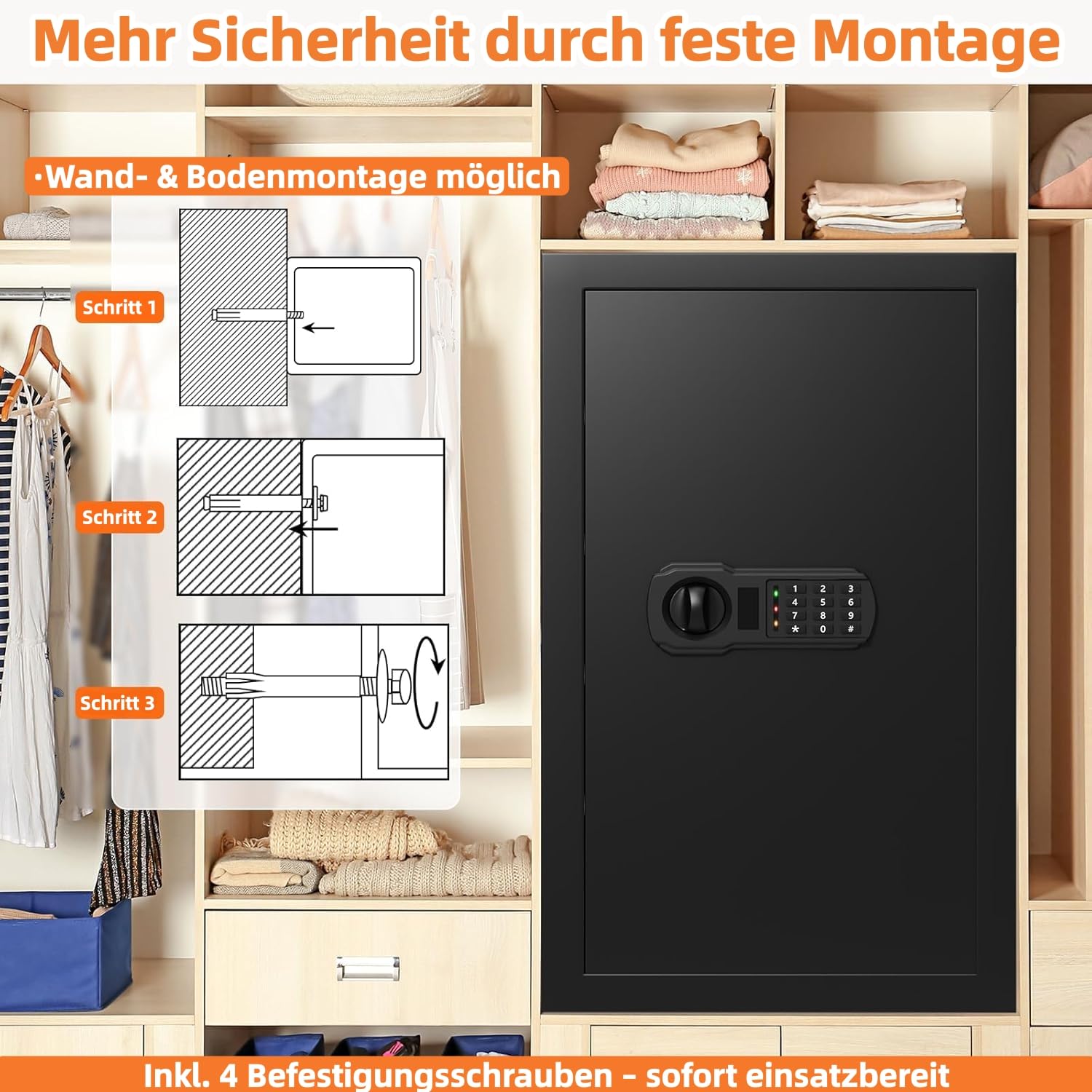 Caja fuerte grande de 74 l con cerradura de combinación, incluye bolsillo para documentos ignífugo (34 x 24 cm), montaje en pared y suelo, caja fuerte para muebles con 4 pernos y función de alarma