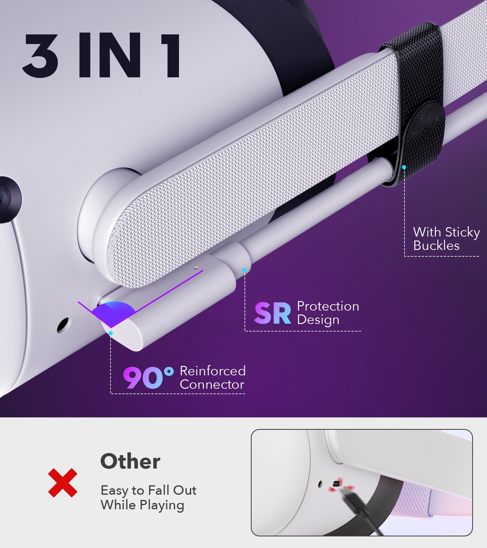 Kabel połączeniowy o długości 3 m, kompatybilny z kaskami rzeczywistości wirtualnej Meta/Oculus Quest 3, Quest 2/Pro, PICO 4, akcesoriami VR, przewodem do ładowania i przewodem do transmisji