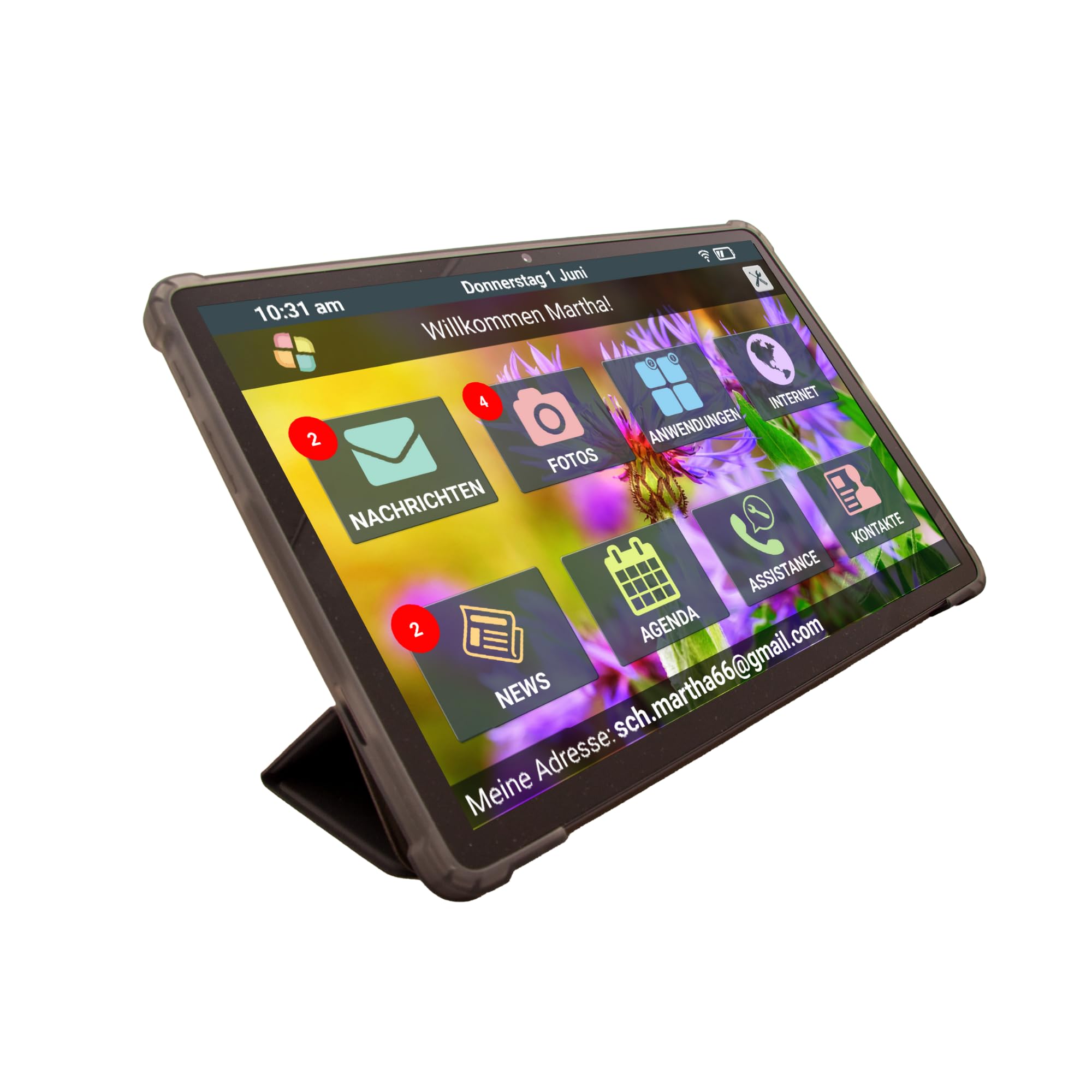 FACILOTAB - Tablet senior preparato in tedesco – Semplice e intuitivo, ideale per gli anziani – Touchscreen molto grande – Fotocamera anteriore e posteriore