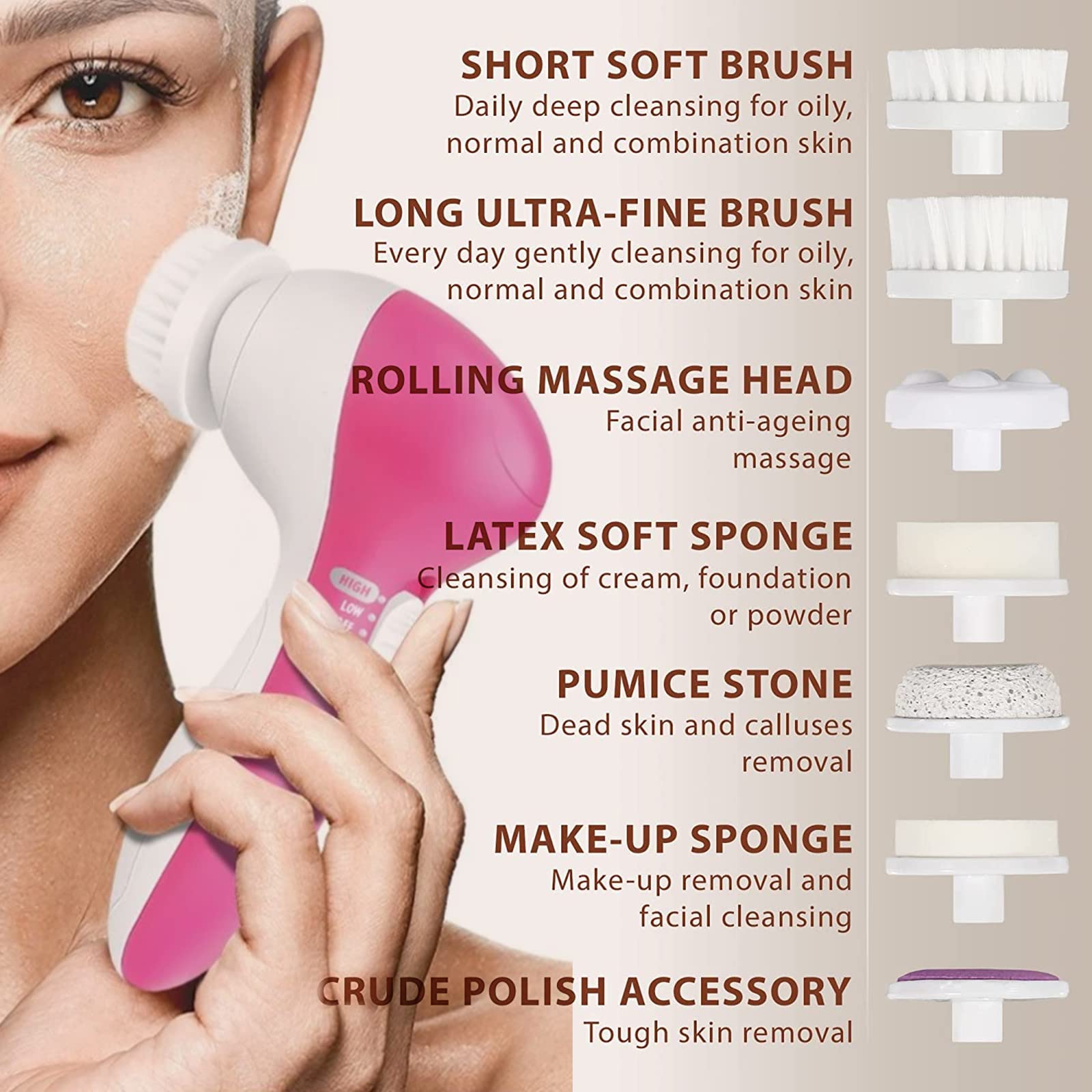 Depurador facial con 7 cabezales de cepillo intercambiables para limpiar y exfoliar