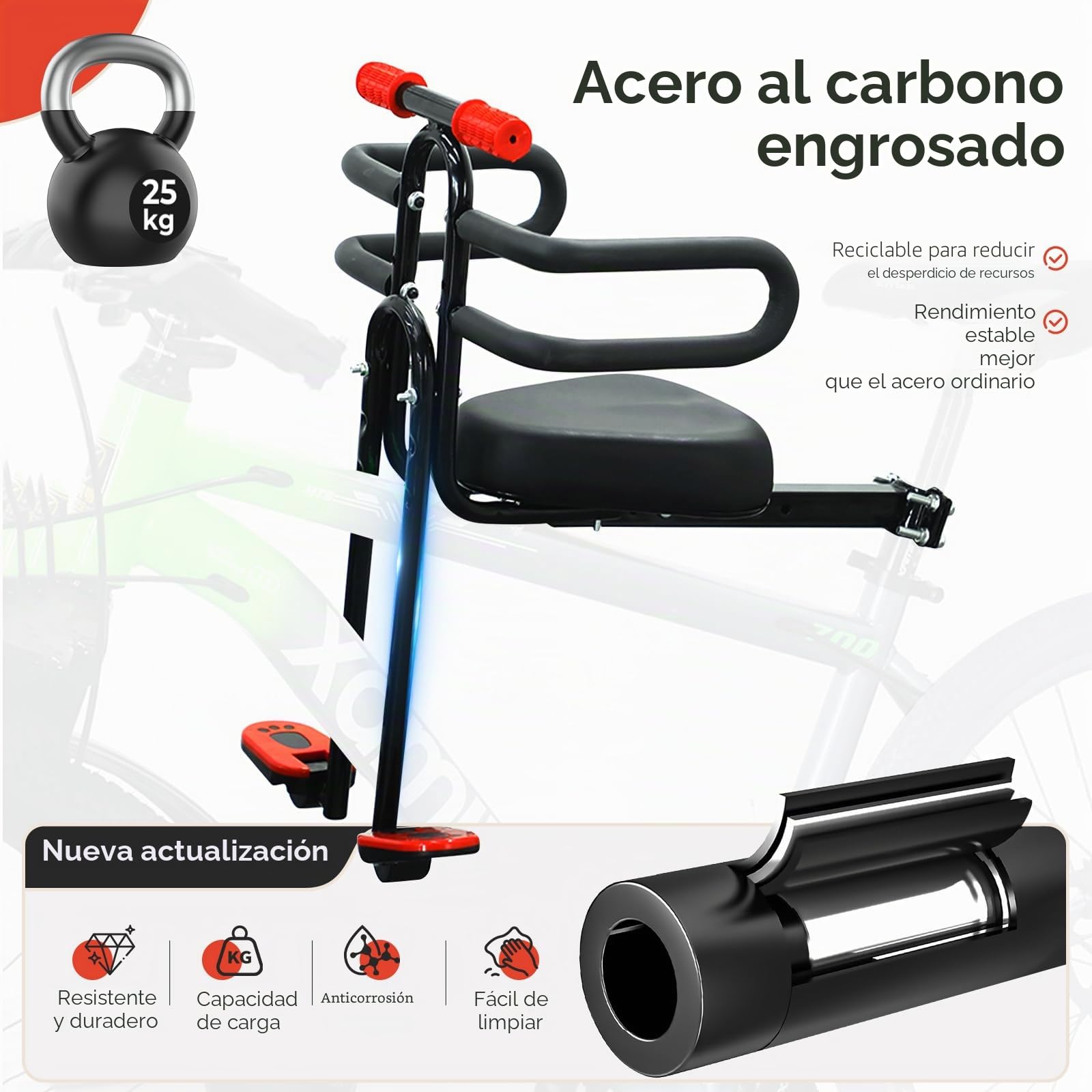 Asiento Delantero para Bicicleta Infantil, Silla Bicicleta Niño con Reposabrazos y Reposapiés, Compatible con Bicicletas de Montaña, Bicicletas Urbanas y Bicicletas Plegables