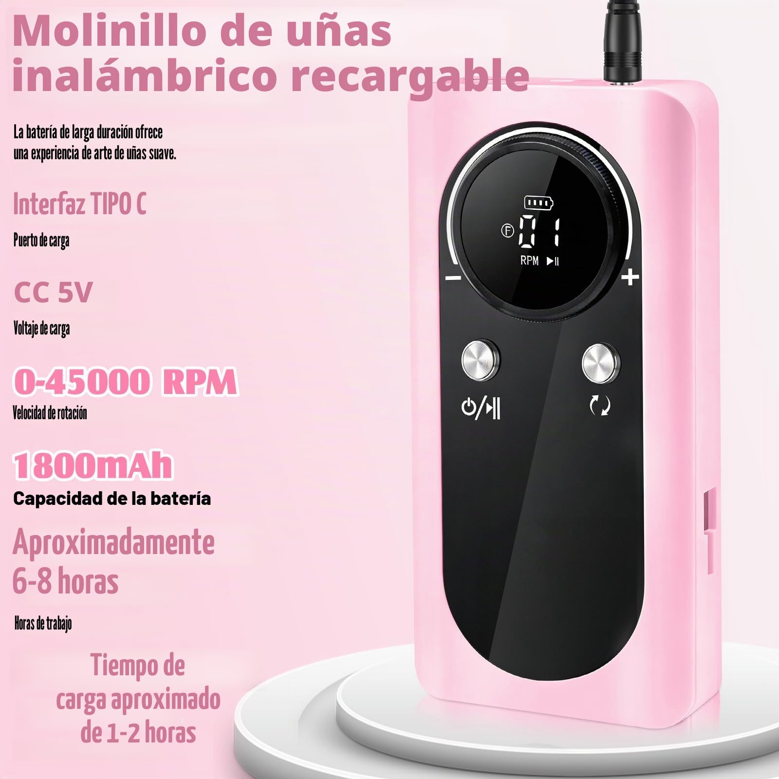 Torno Para Uñas Profesional 45000 Rpm, 12 En 1 Lima Uñas Electrica, Con Velocidad Ajustable, Recargable, Portátil, Para Uña De Gel Y Acrílicas, Manicura Y Pedicura,Salón Y Uso Doméstico