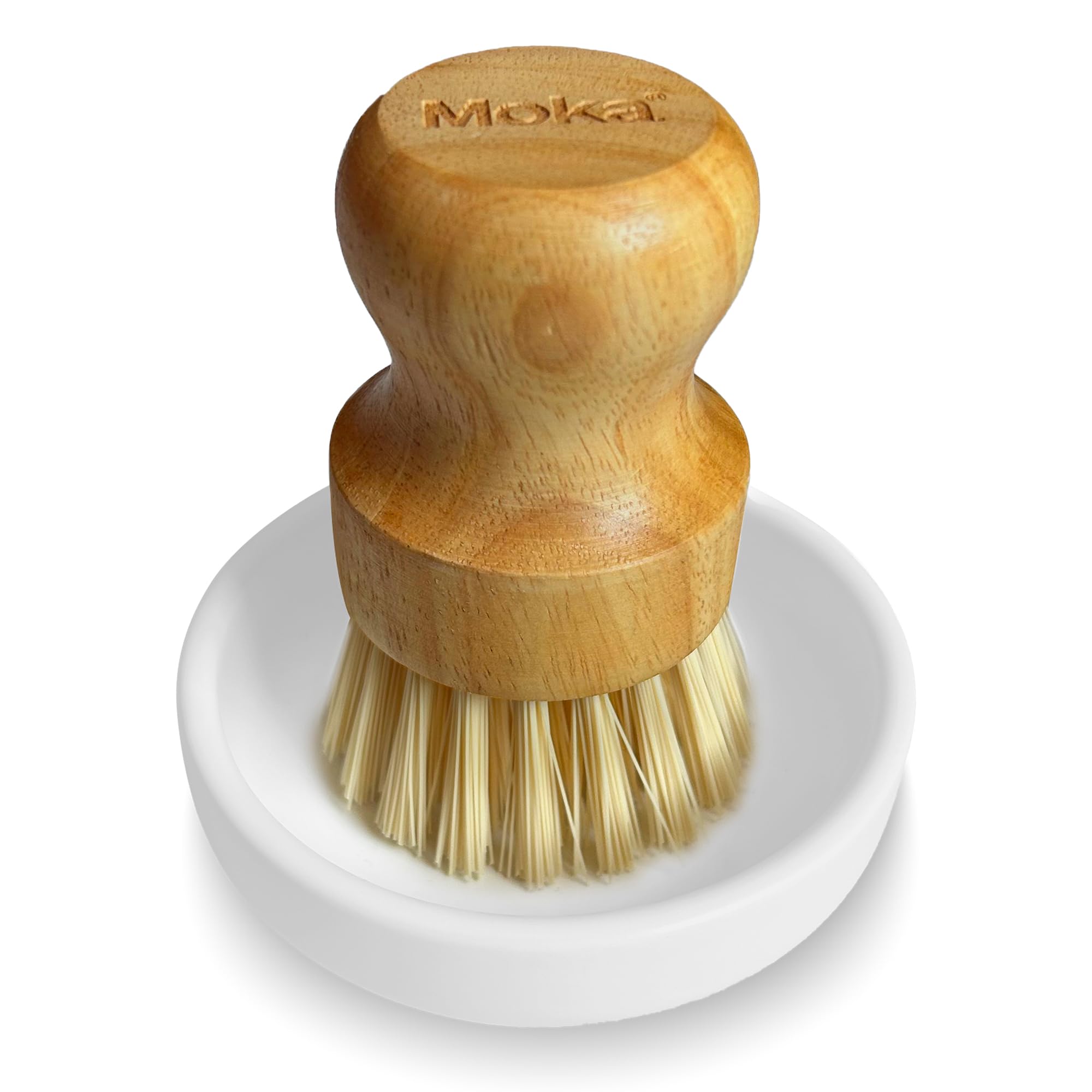 Moka Bamboo Dish Brush - Eco Friendly Scrub Brush with Natural Bristle - Premium Bamboo Dish Scrubber for Kitchen Cleaning, Dishes, Pots, and Pans - Sustainable and Durable (Brush with Dish)