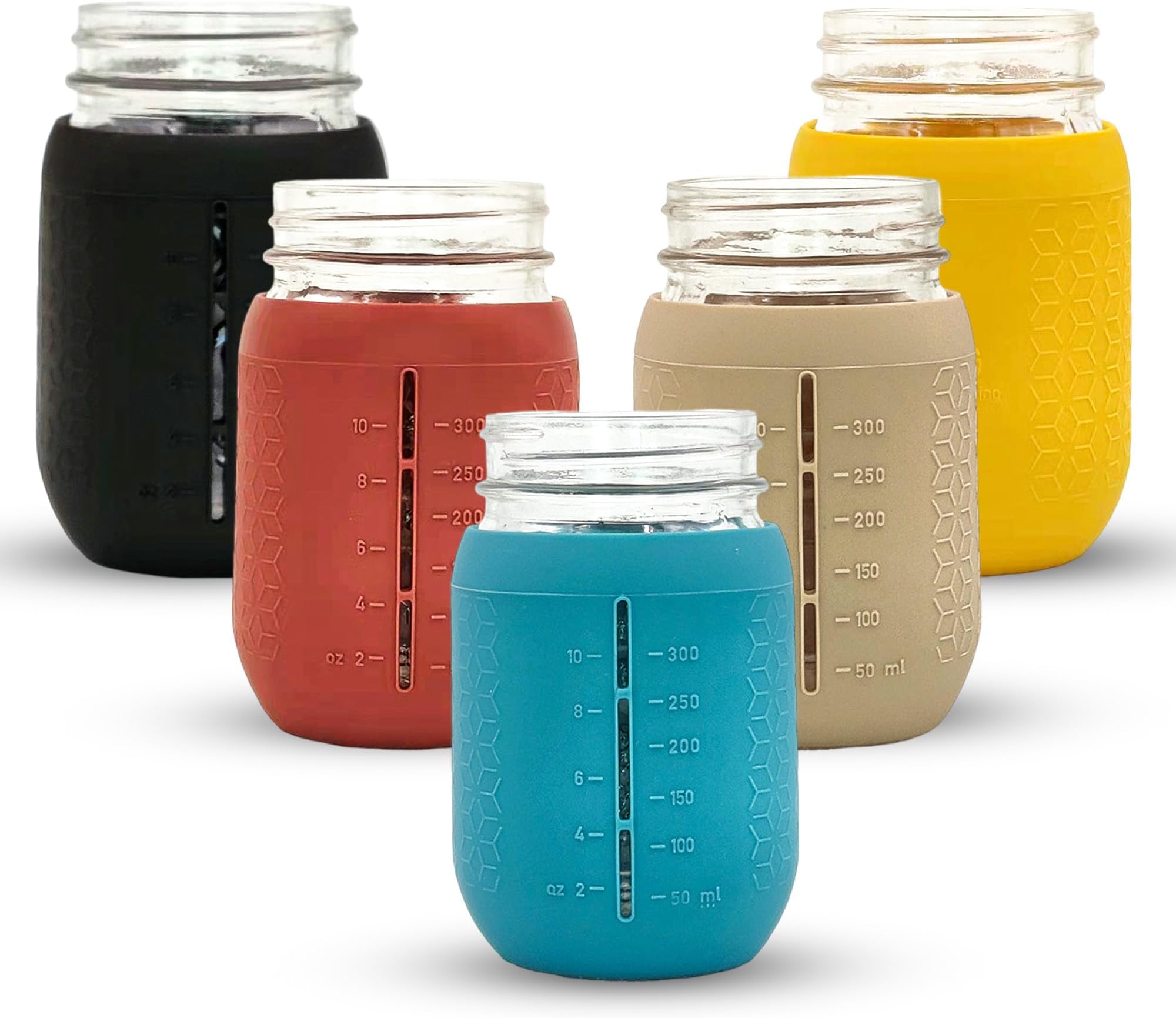 minliving Silicone Mason Jar Sleeves Autumn Winter Set | Anti-Slip Protectors for Regular Mouth 16oz Jelly Canning Jars | Cup Holders with Measurement Markings | Dishwasher Safe Jar Jackets - 5 Pack