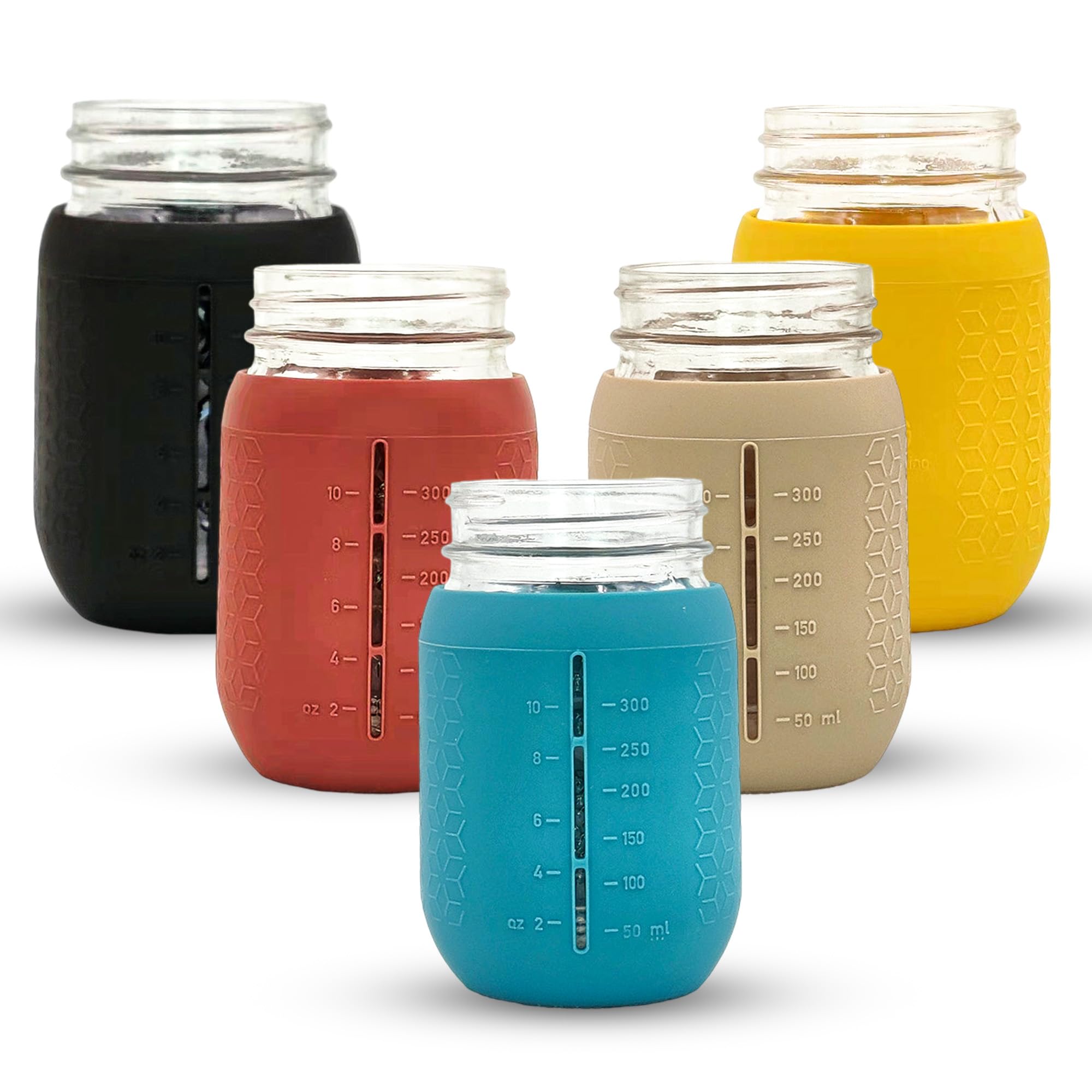 minliving Silicone Mason Jar Sleeves Autumn Winter Set | Anti-Slip Protectors for Regular Mouth 16oz Jelly Canning Jars | Cup Holders with Measurement Markings | Dishwasher Safe Jar Jackets - 5 Pack