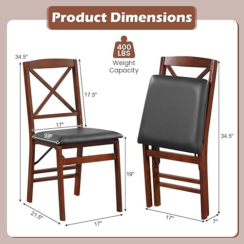Miniatura 3 de KOTEK Juego de 2 sillas de comedor plegables, sillas de cocina de madera con asiento acolchado y respaldo en forma de X, sillas laterales plegables