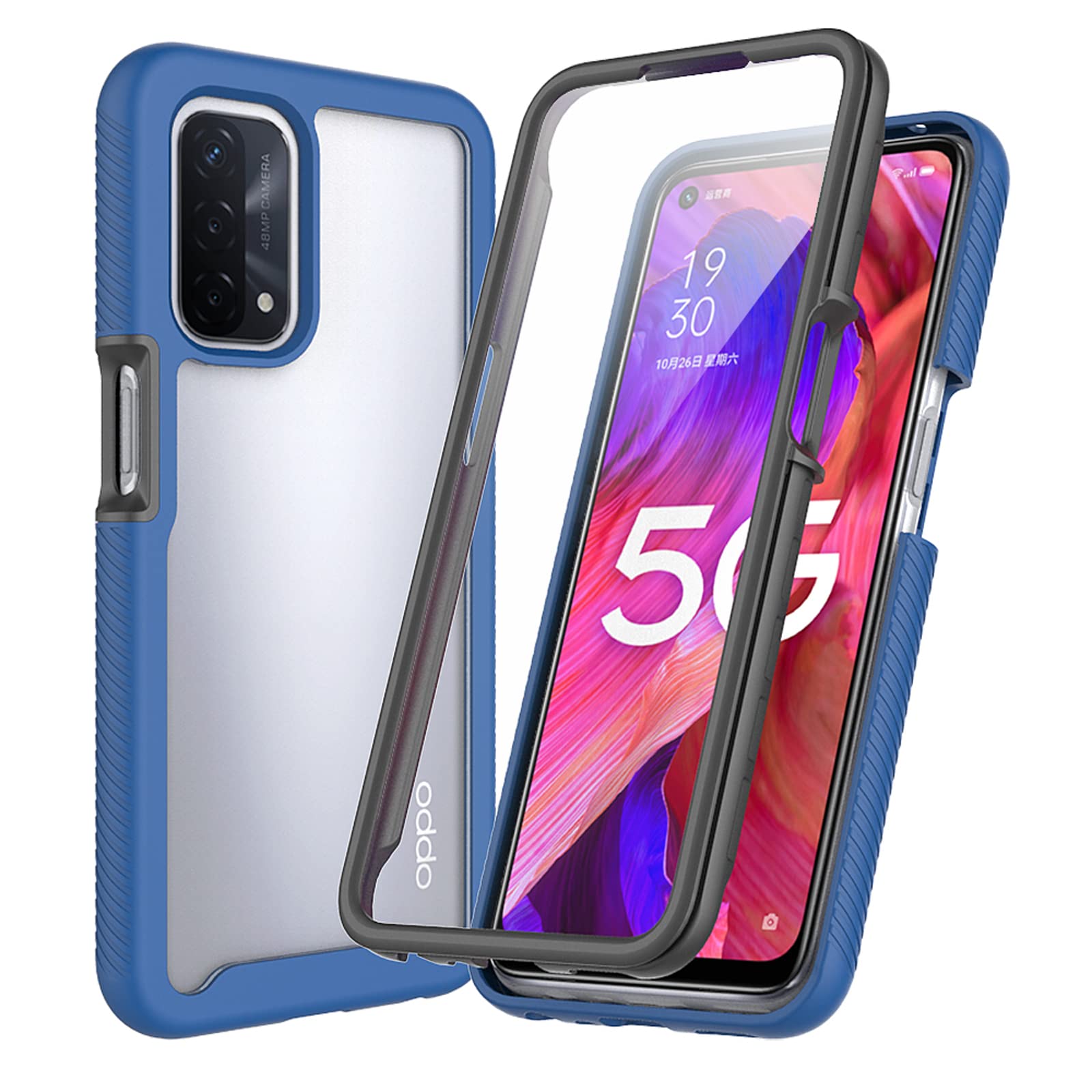XINYEXIN Cover per Oppo A74 5G / Oppo A54 5G, Custodia Antiurto 360 Gradi Protezione Dello Schermo Incorporata, Full Body Rugged Trasparente Cover Military Armour Case - Blu Scuro