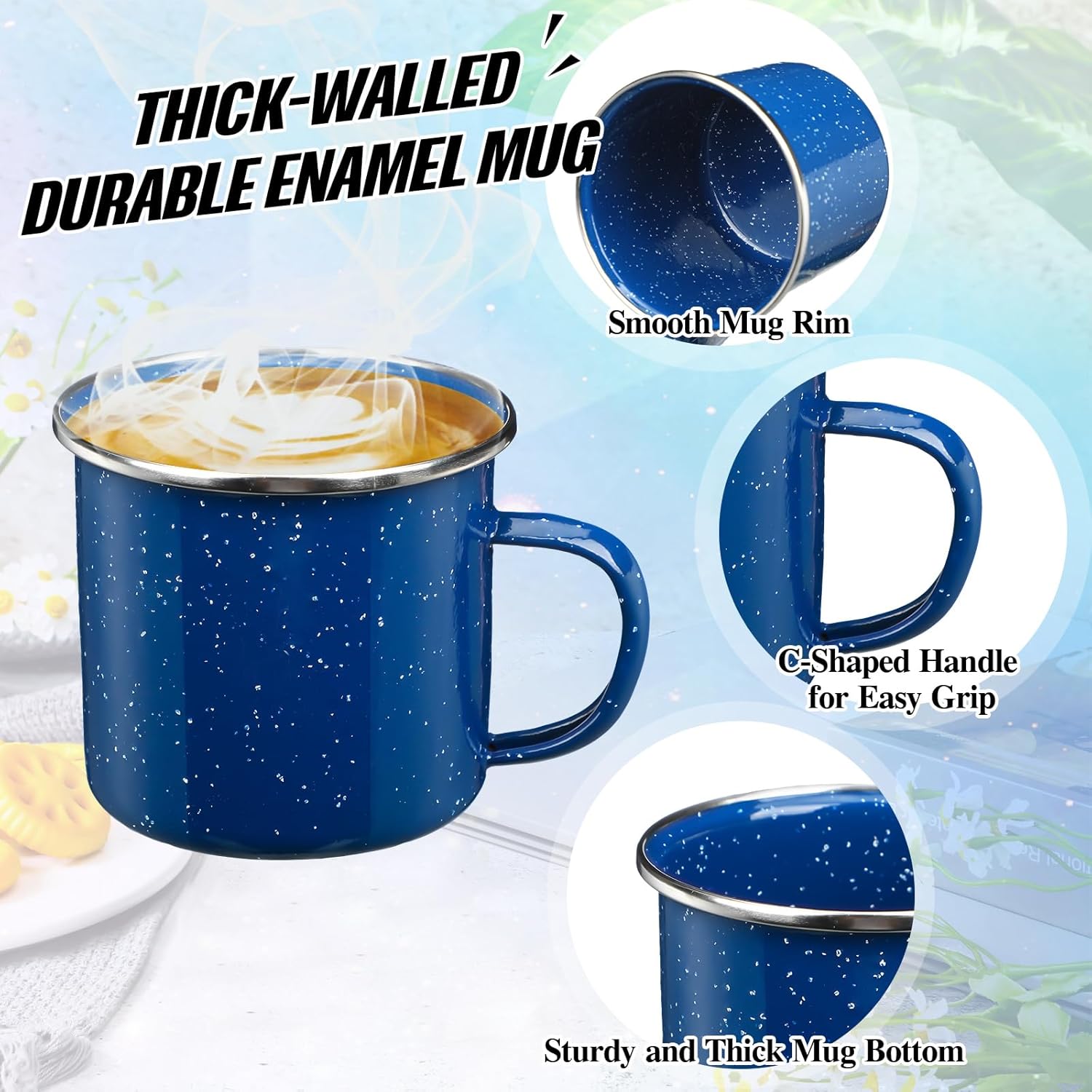 Dandat 60 oz Enamelware Campfire Coffee Boiler Kettle Pot with 6 Pcs 12 oz Enamel Coffee Mug Cowboy Cup for Outdoor Camping Cookware, Picnic, Cabin, RV, Kitchen, Hunting, Backpacking, Blue
