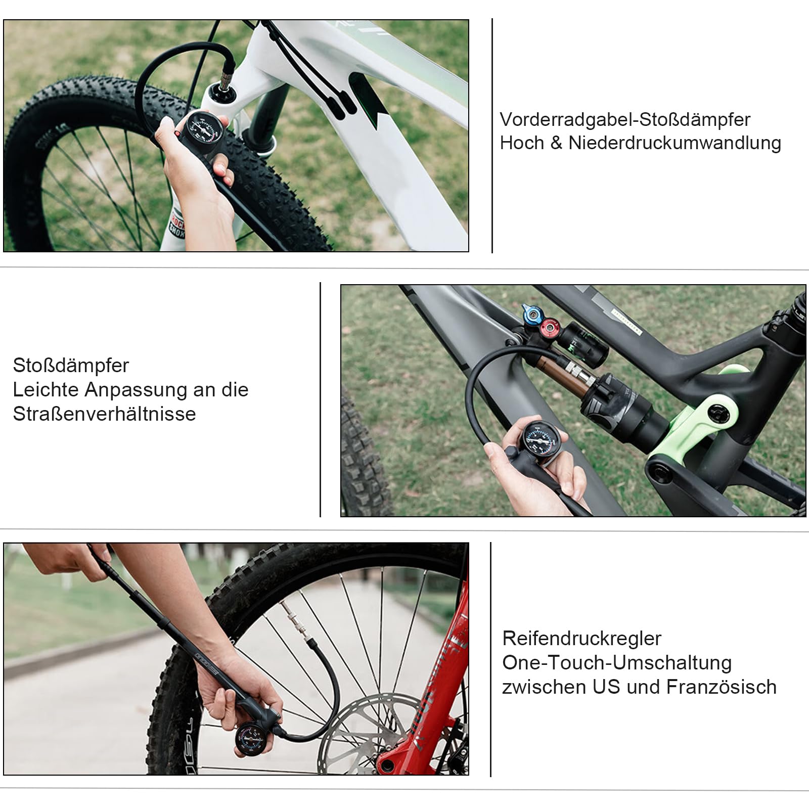 Pompe Haute Pression VTT 3 en 1 – Jusqu’à 300 PSI – Pompe à Fourche, Suspension Arrière et Pneus – avec Manomètre Précis, Bouton de Purge et Tuyau Rotatif – Pompe Portable en Aluminium