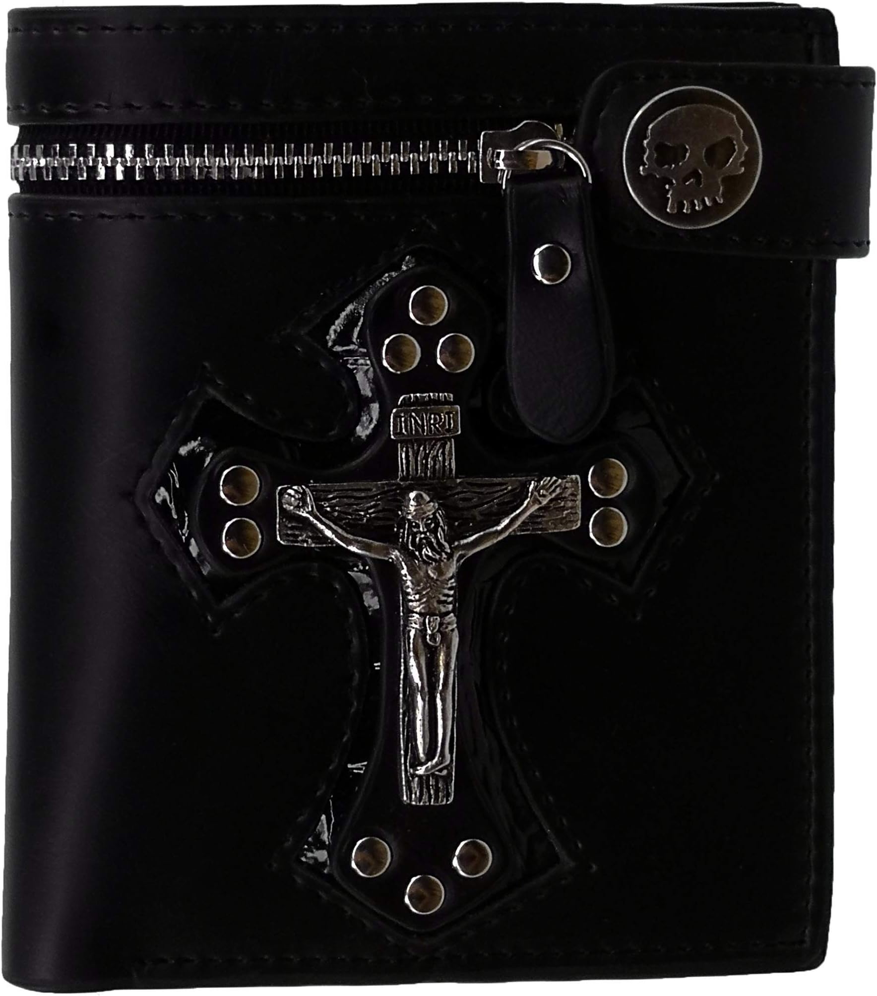 ABC STORY Mens Skull Button Snap Inri Cross Wallet Bifold Genuine Leather Black
