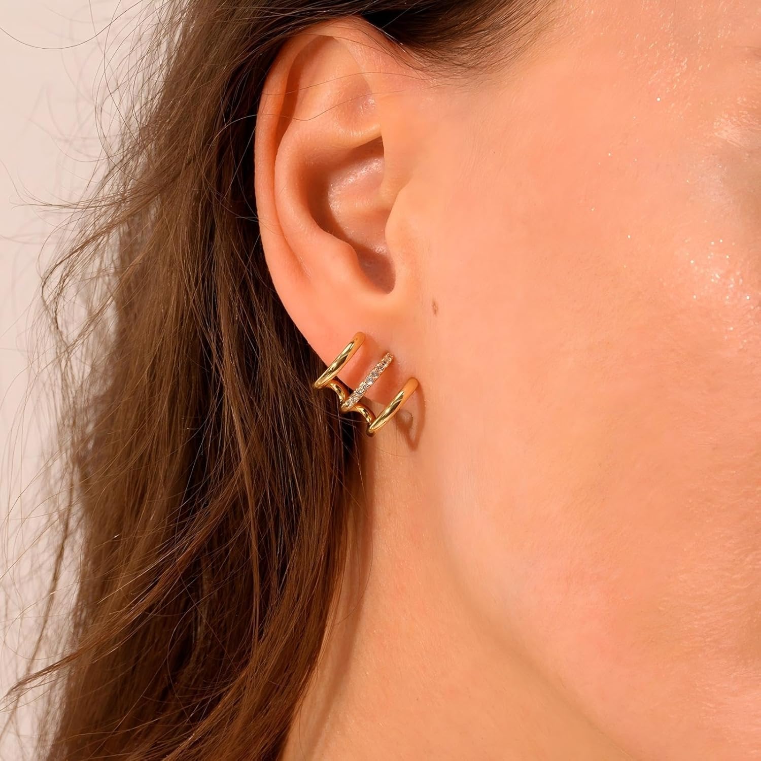 Triple Huggie Hoop Earrings with Star Dangle- Small 14K Gold Plated Cubic Zirconia Half Hoop Earrings Stack, Hypoallergenic Non Tarnish Dainty Jewelry Gift for Women - Image 2