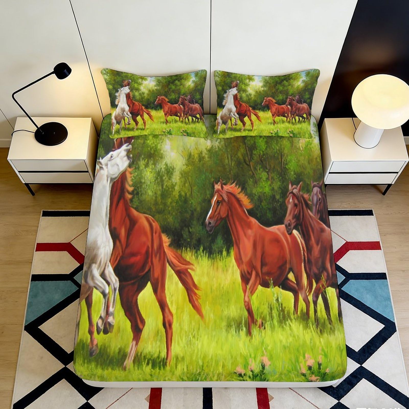 3D Printed Running Horses Fitted Sheet Microfiber Soft Breathable Wild Horse Mattress Cover for Bedroom Dormitory Guest Room Mattress Protection Decor 120x200x25cm