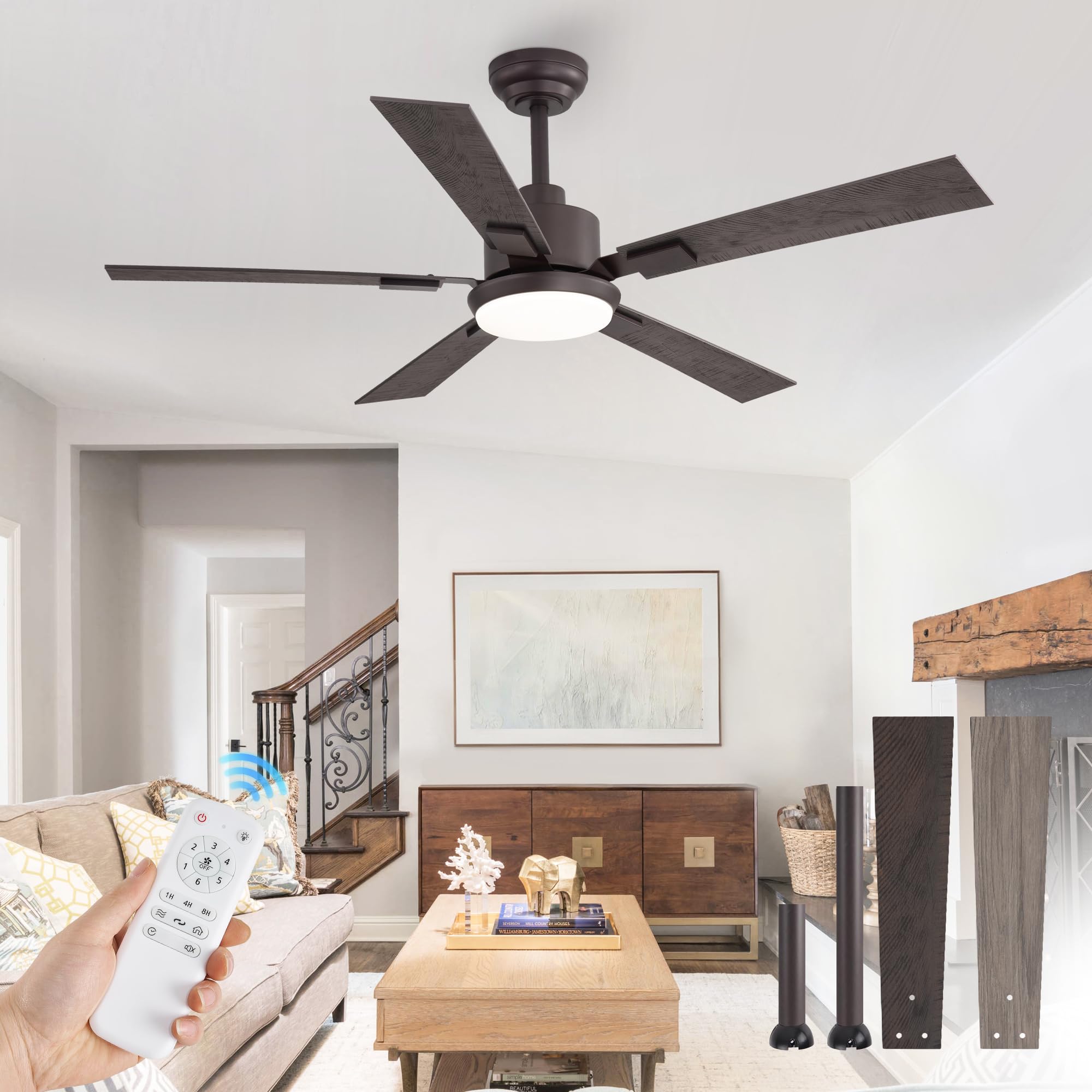 Photo 1 of ZMISHIBO 52 inch Bronze Ceiling Fans with Lights and Remote, Indoor/Outdoor Farmhouse Ceiling Fan for Bedroom Living Room Patio, 6 Speed Reversible Quiet DC Motor, 3 CCT, Dual Finish Blades