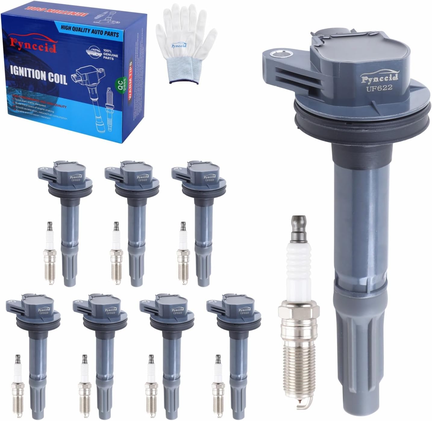 UF622 DG542 High-Performance Ignition Coils & Iridium Spark Plugs Set of 8 for 2011-2015 Ford F-150 Mustang Lobo 5.0L V8 - Replaces BR3Z-12029A (UF622+Spark Plugs)
