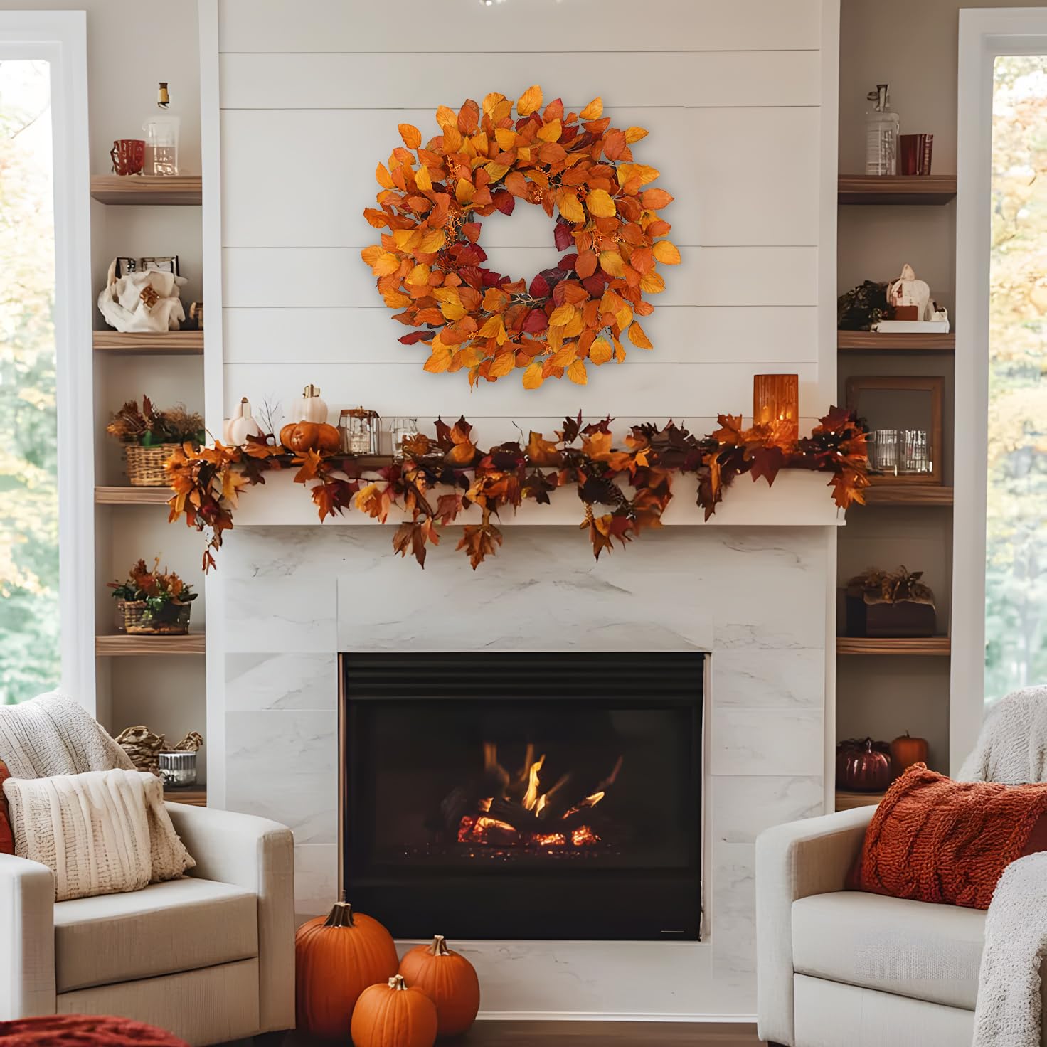 Künstlicher Herbstkranz für Tür – 61 cm Türkranz mit Herbstlaub & Beeren– Orange Gelb Herbstdeko für Haustür, Halloween & Erntedank – Innen & überdachten Außenbereich