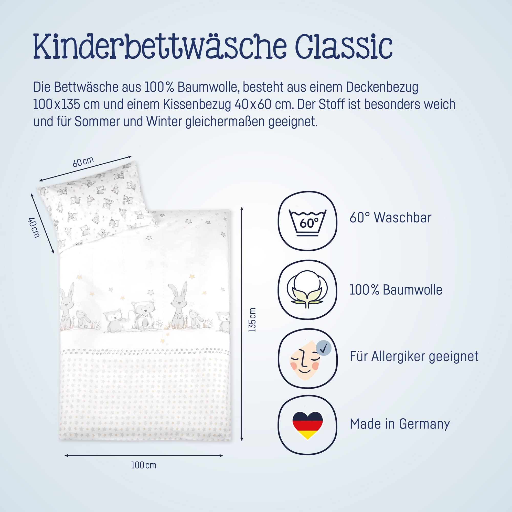 Julius Zöllner Kinderbettwäsche 100% Baumwolle, Standard 100 by OEKO-TEX, made in Germany, Gr. 100x135 + 40x60 cm, Häschen und Eule