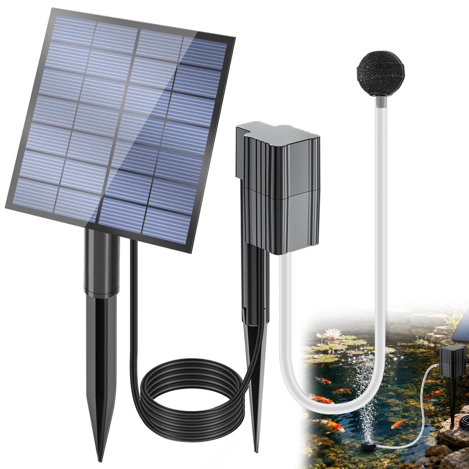 Solar Pond Aerator with Air Pump, 2.5W Solar Teichbelüfter mit Luftpumpe, Luftstein & Schlauch, Solar Sauerstoffpumpe Teich, Leise Teichbelüfter Aquarium, Sauerstoff Luftpumpe für Gartenteich, Angeln