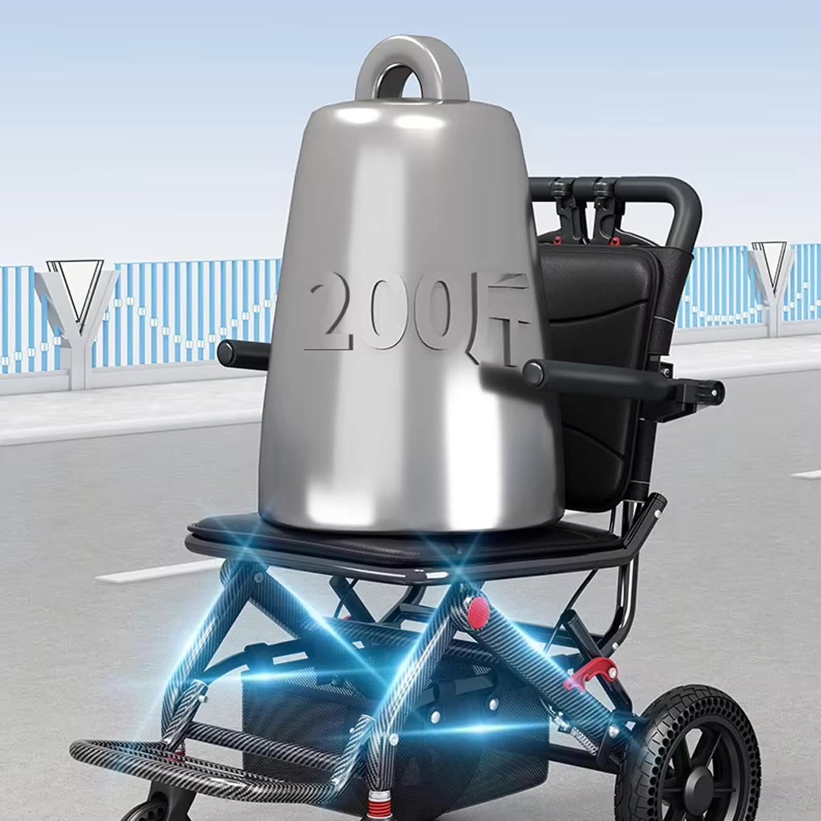 Silla De Ruedas De Transporte Todoterreno, Silla Ligera Y Plegable para Adultos Y Personas Mayores, Capacidad De 100 Kg, Portátil con Cesta De Almacenamiento, Fibra De Carbono, Color Negro