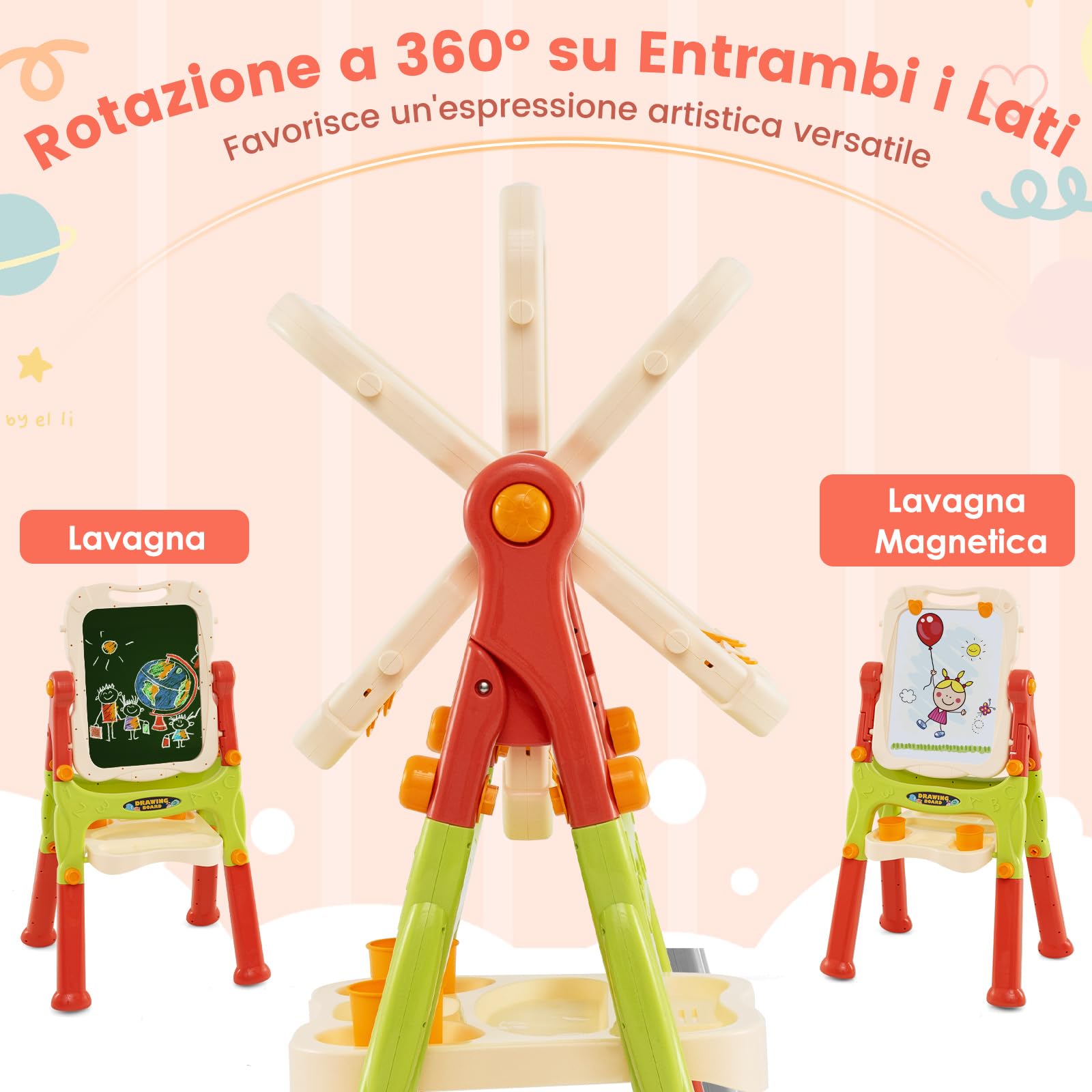 GYMAX Lavagna Magnetica per Bambini, Cavalletto da Disegno Doppio Lato con Lavagna, Tavolo da Disegno Portatile con Maniglia, Altezza Regolabile per Bambini 3+ Anni (Rosso)