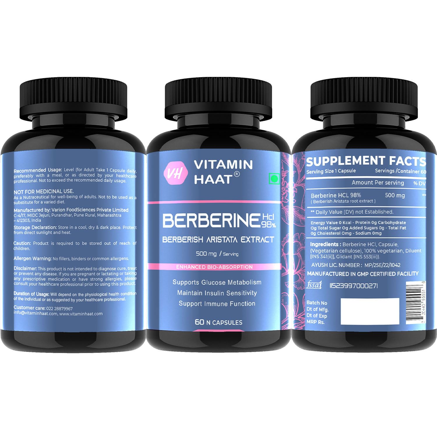 Berberine Supplements | Berberine HCL 500mg 98% Purity | Berberine Capsules for Metabolic Wellness & Daily Nutrition Support | High Strength Berberine Extract | 60 Capsules by VitaminHaat — Amazon image 2