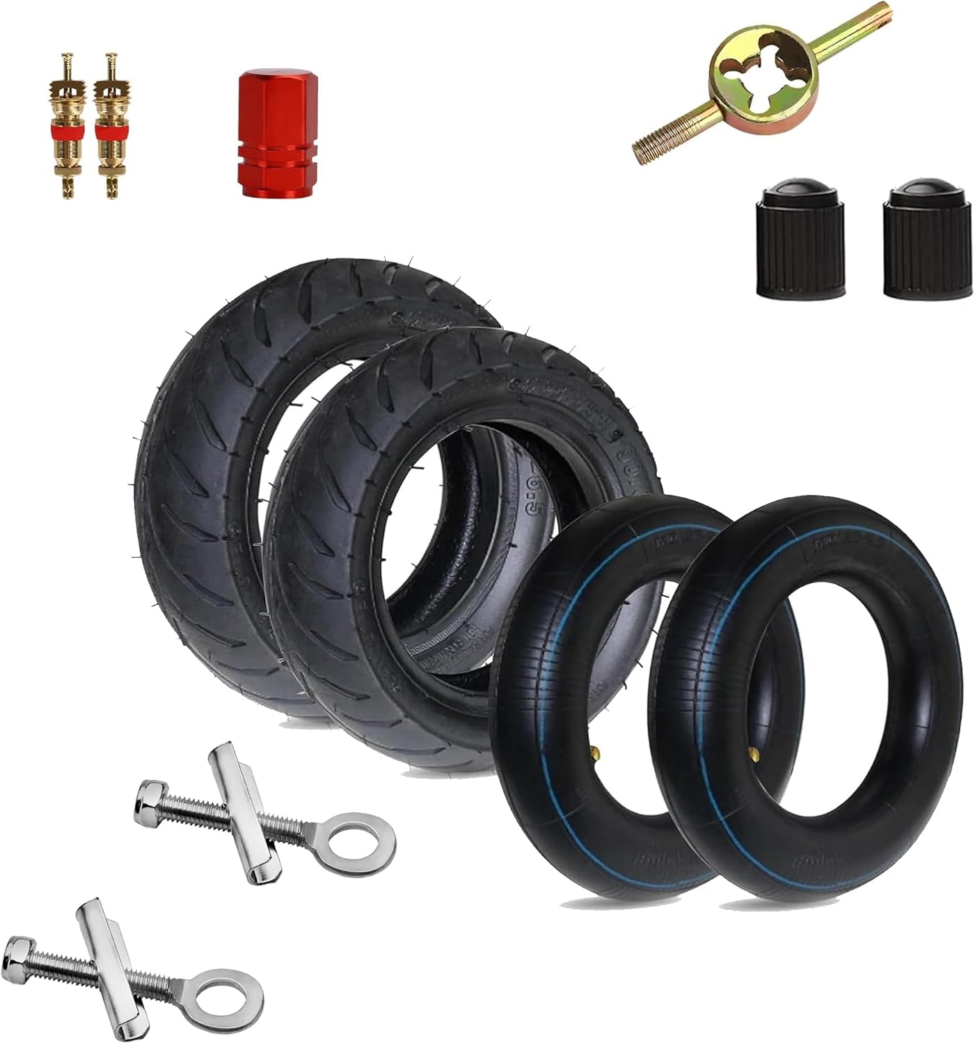 49cc Mini Dirt Bike Maintenance Bundle - 6mm Drive Chain Tensioners & 90/65-6.5"/110/50-6.5" Tires/Inner Tube Kit for Lucky 7 Cag MTA1 MTA2 GP-RSR X-Treme MotoTec (2-Pack Combo)