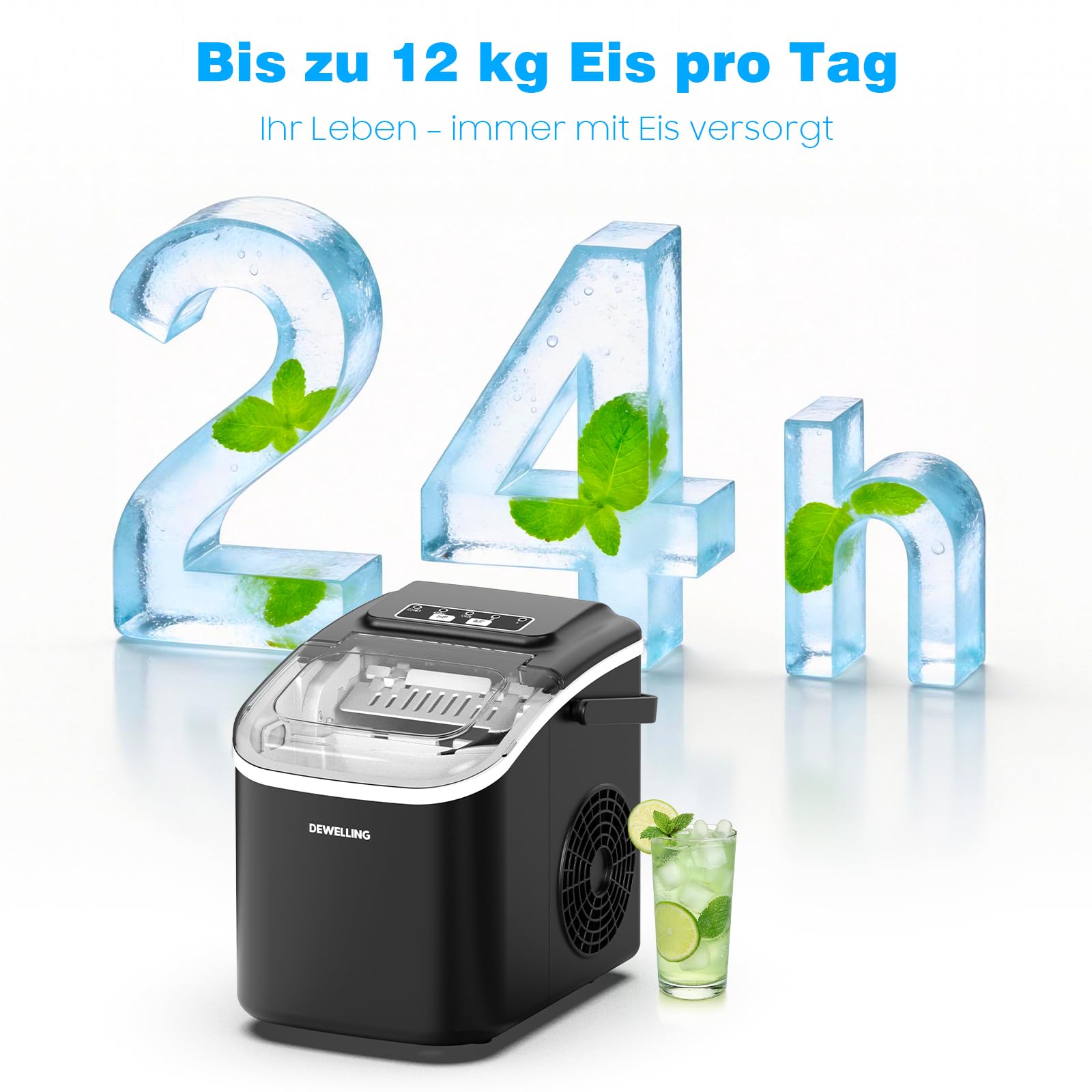 Máquina de cubitos de hielo – 8 cubitos de hielo en 6 minutos (12 kg/24 h), autolimpieza y silenciosa, 2 tamaños de cubitos de hielo, máquina de hielo portátil para cocina, fiesta, camping y