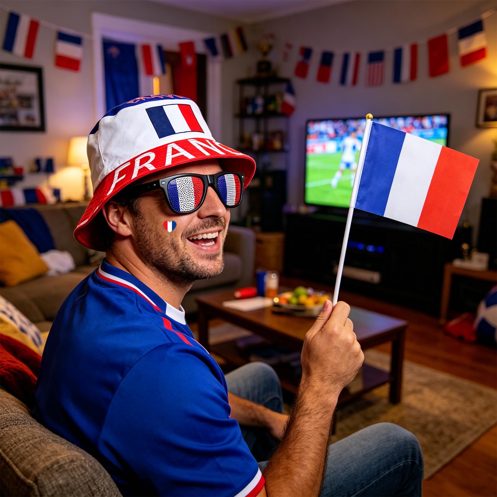 Kit Supporter France 7 Pièces, Football Accessoire Chapeau avec Lunettes, Drapeaux et Tatouages pour la Coupe du Monde 2026, Idéal Lors des Soirées de Match pour Garçons et Filles