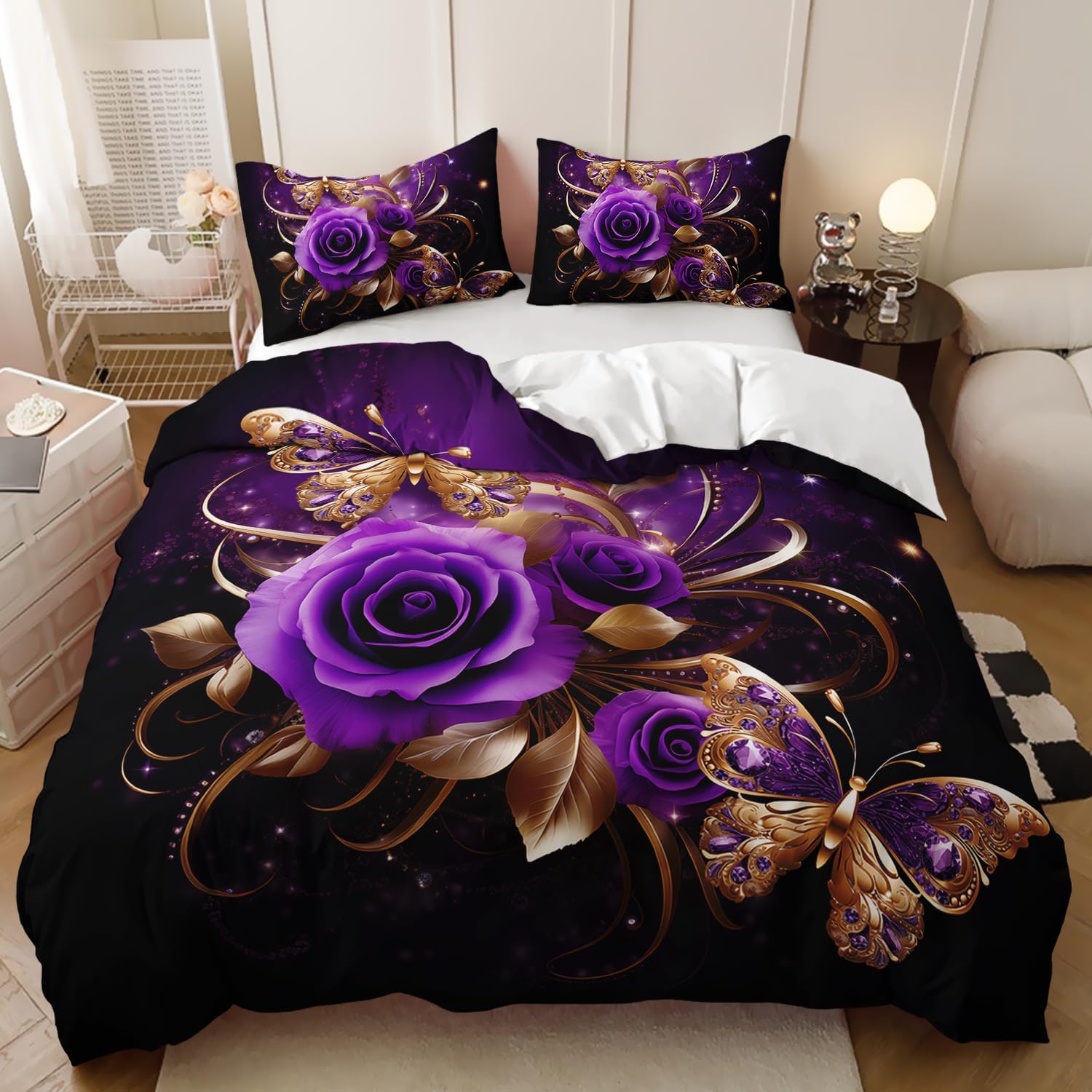 AILONEN Girls Rose Duvet Cover Set King Size,Gold Purple Rose Butterfly Comforter Cover Set for Women,Modern Print Romantic Floral Duvet Cover with 2 Pillowcases,3 Pieces - Image 3