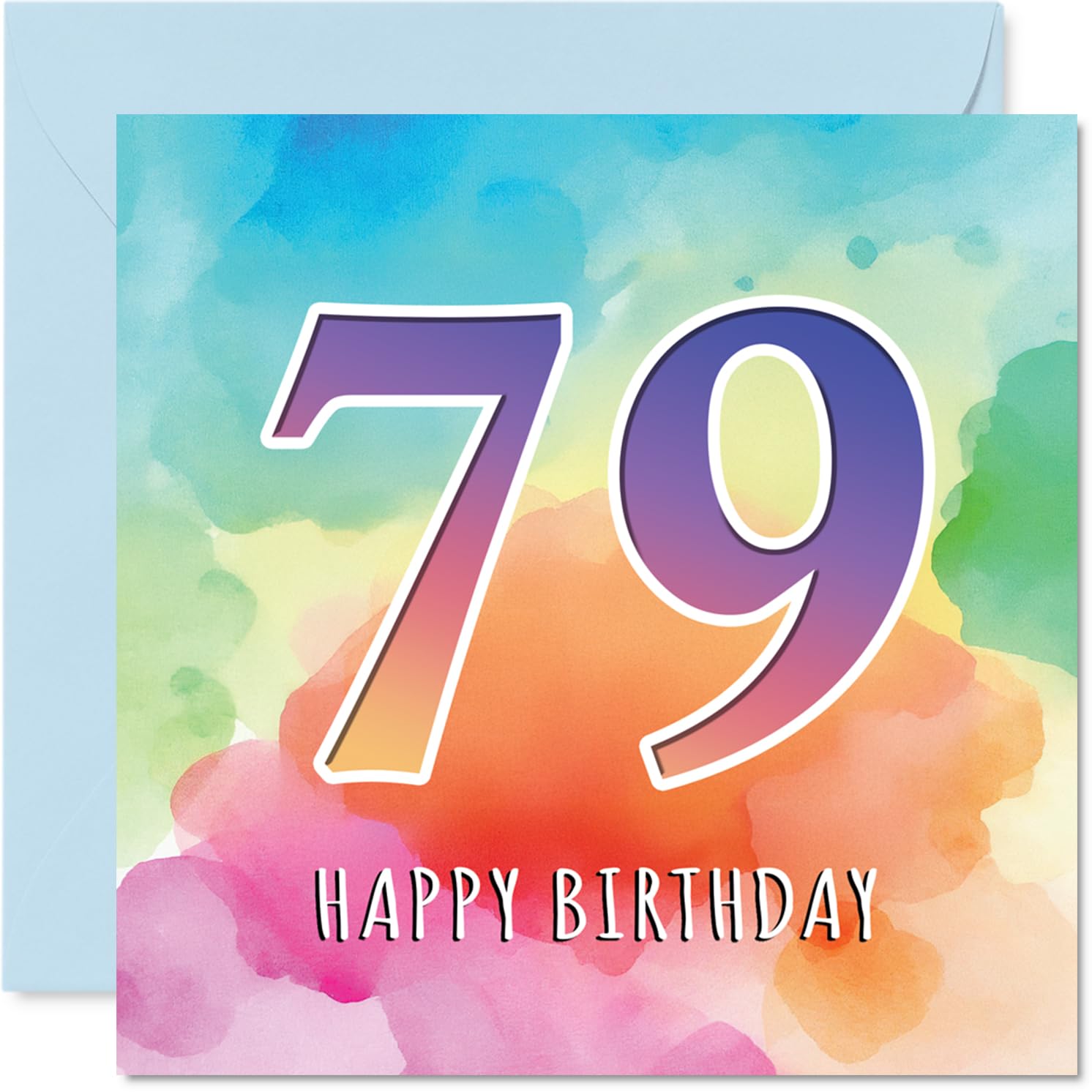 Stuff4 79th Birthday Card, Colourful Watercolour Age Design, 145x145mm